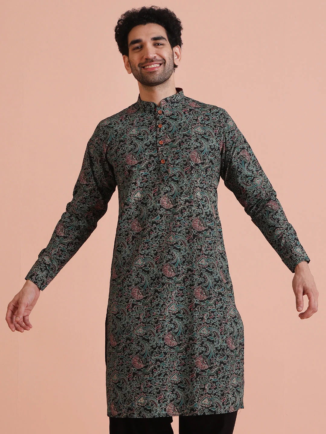 Black Printed Cotton Kurta