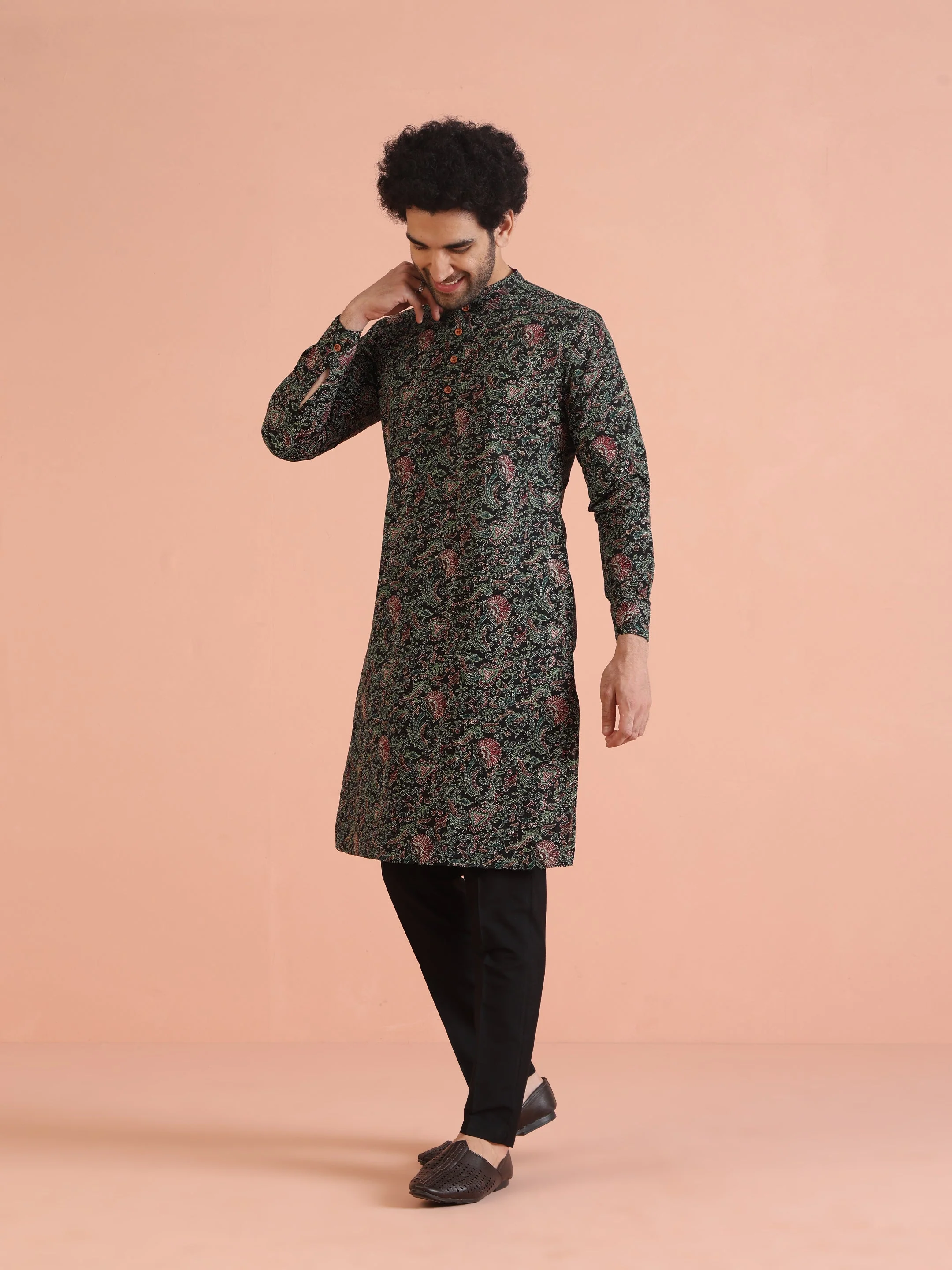 Black Printed Cotton Silk Kurta Trouser Set - Image 3