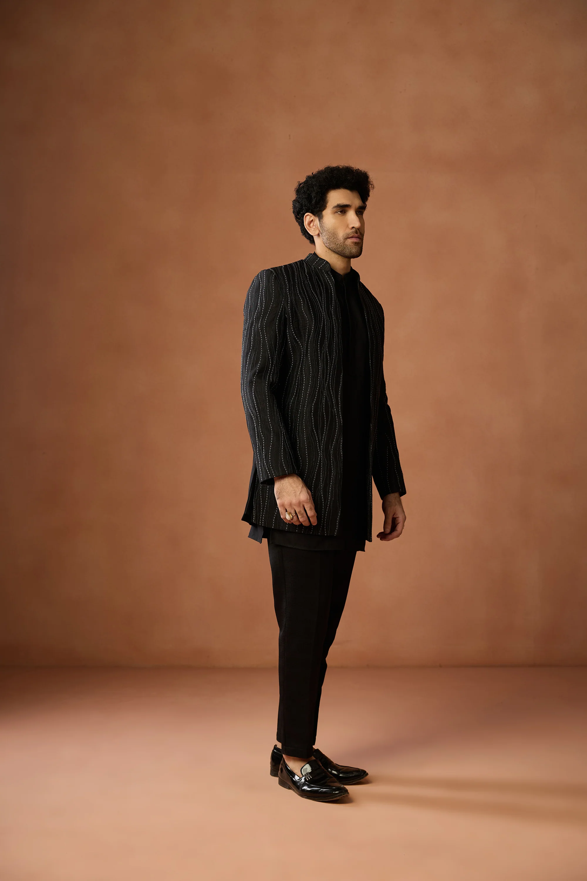 Black Mid Kurta Front Open Short Sequin Sherwani Trouser Set - Image 3