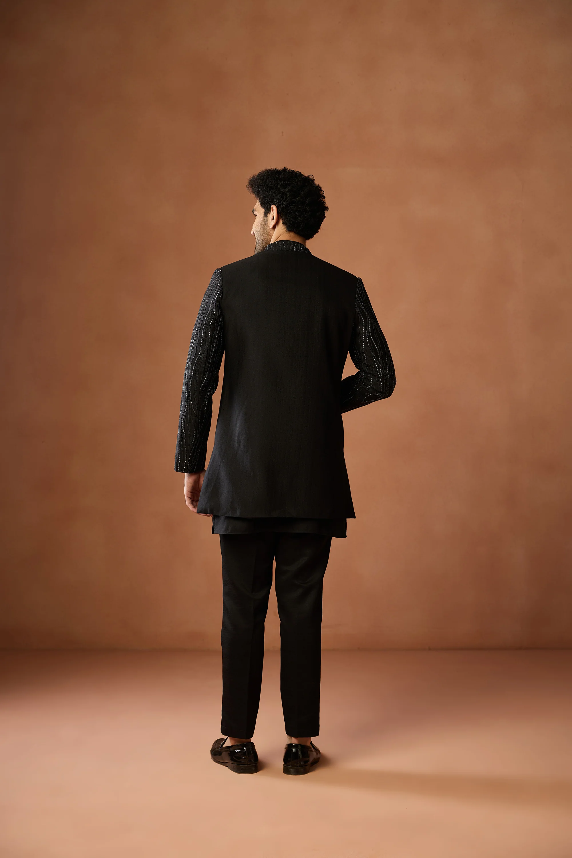Black Mid Kurta Front Open Short Sequin Sherwani Trouser Set - Image 4
