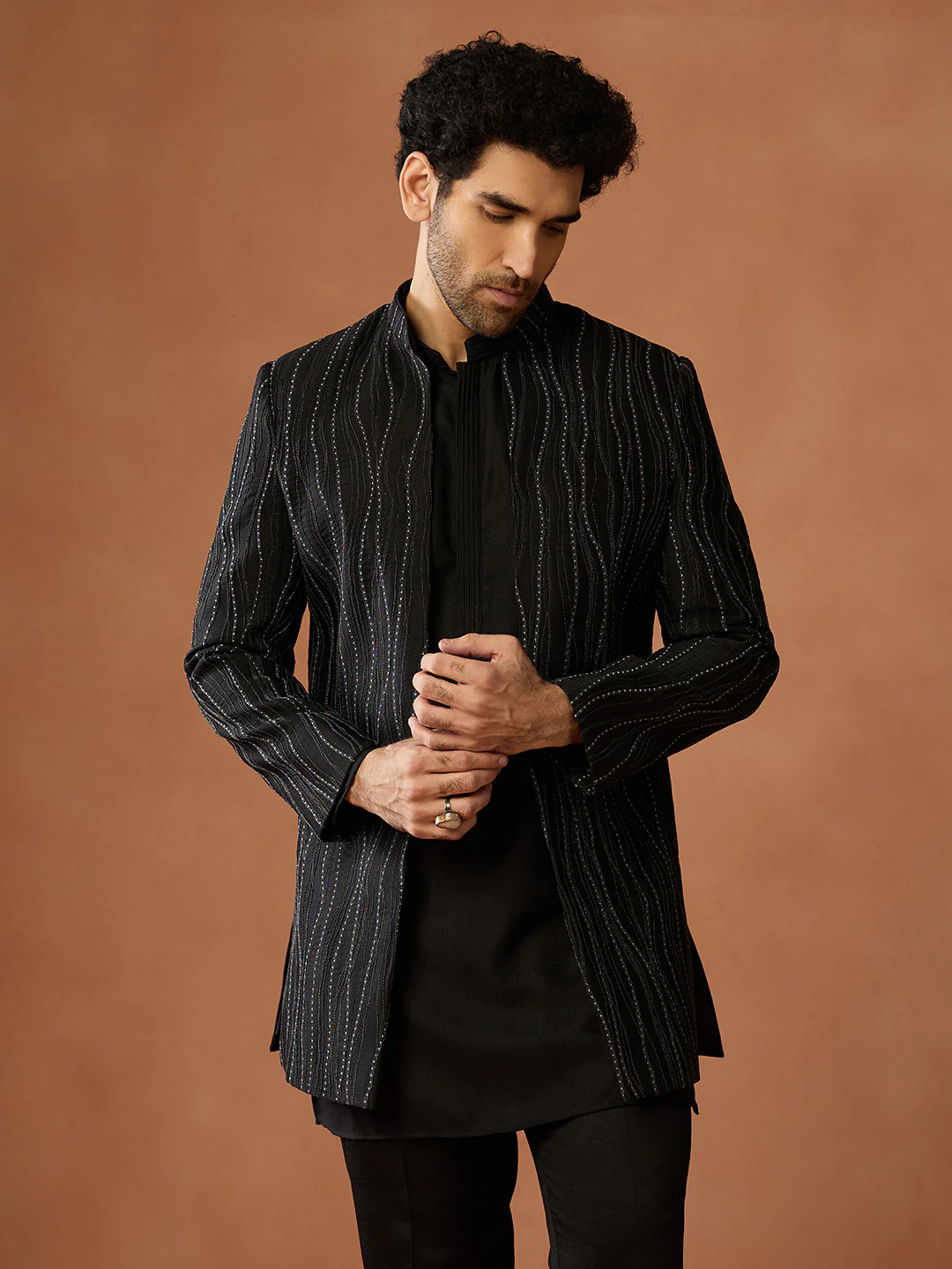 Black Mid Kurta Front Open Short Sequin Sherwani Trouser Set - Image 7