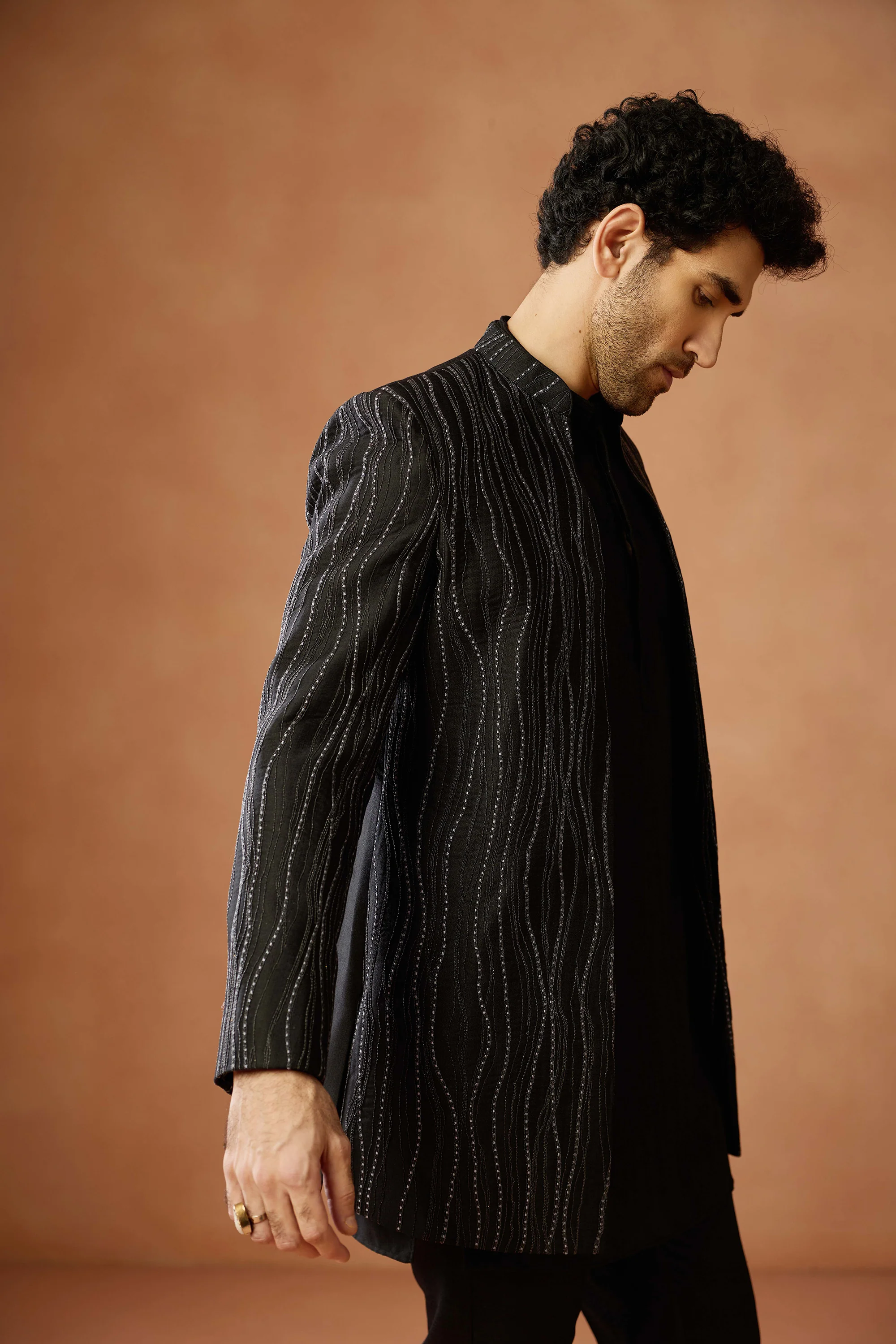 Black Mid Kurta Front Open Short Sequin Sherwani Trouser Set - Image 8