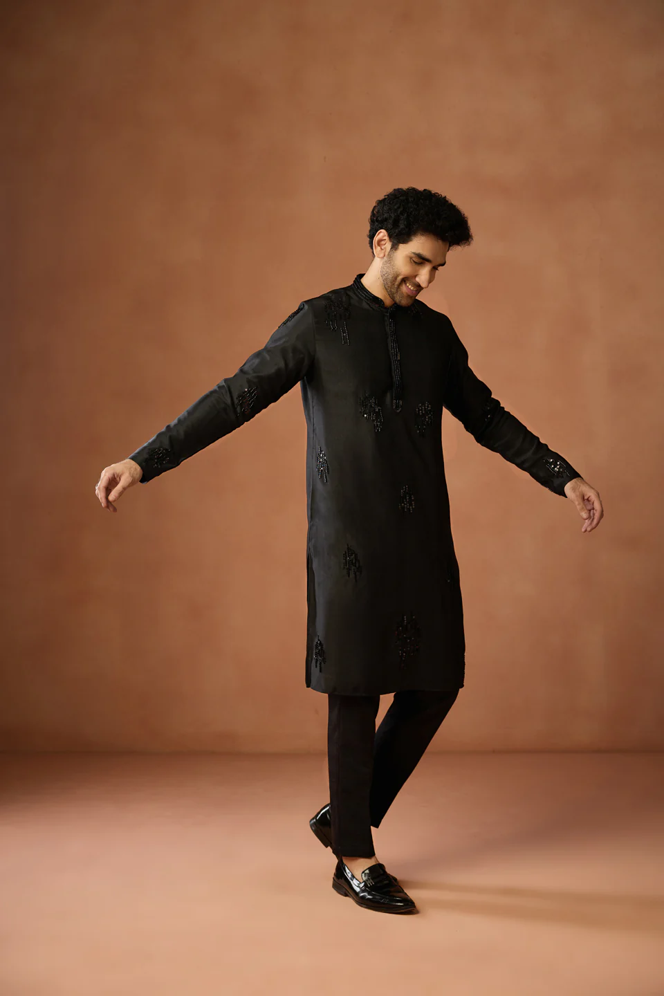 Black Silk Blend Beaded Long Kurta - Image 2