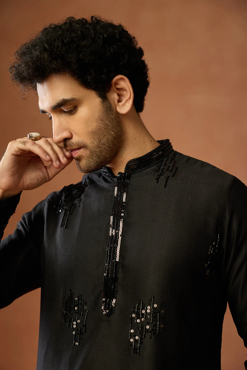 Black Silk Blend Beaded Long Kurta - Image 5