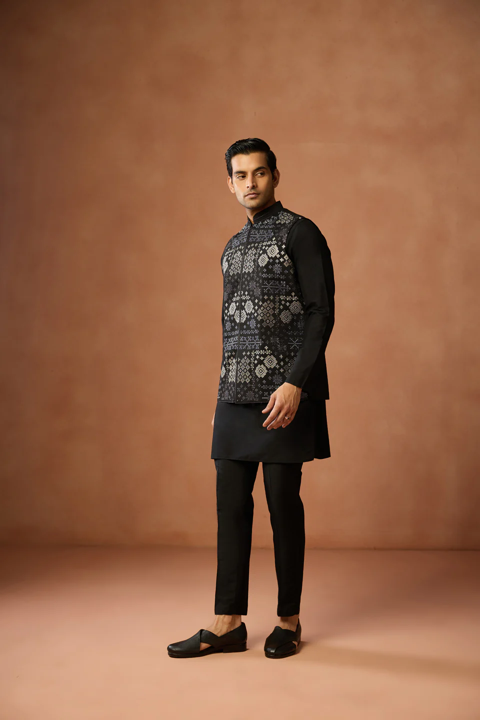 Black Silk Blend Brocade Jacket Kurta Trouser Set - Image 2