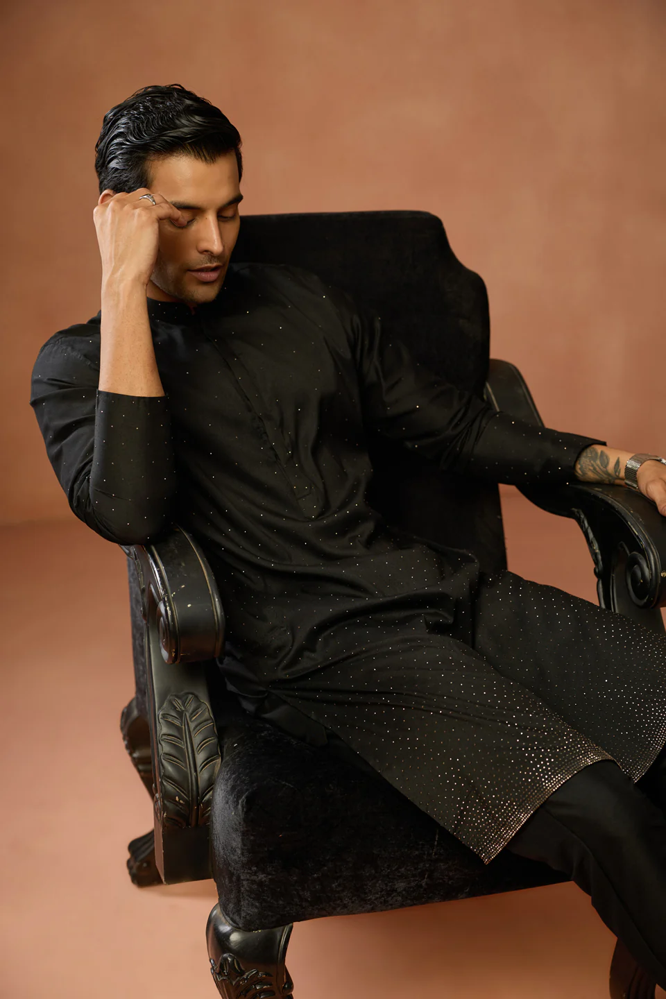 Black Silk Blend Embellished Long Kurta - Image 8