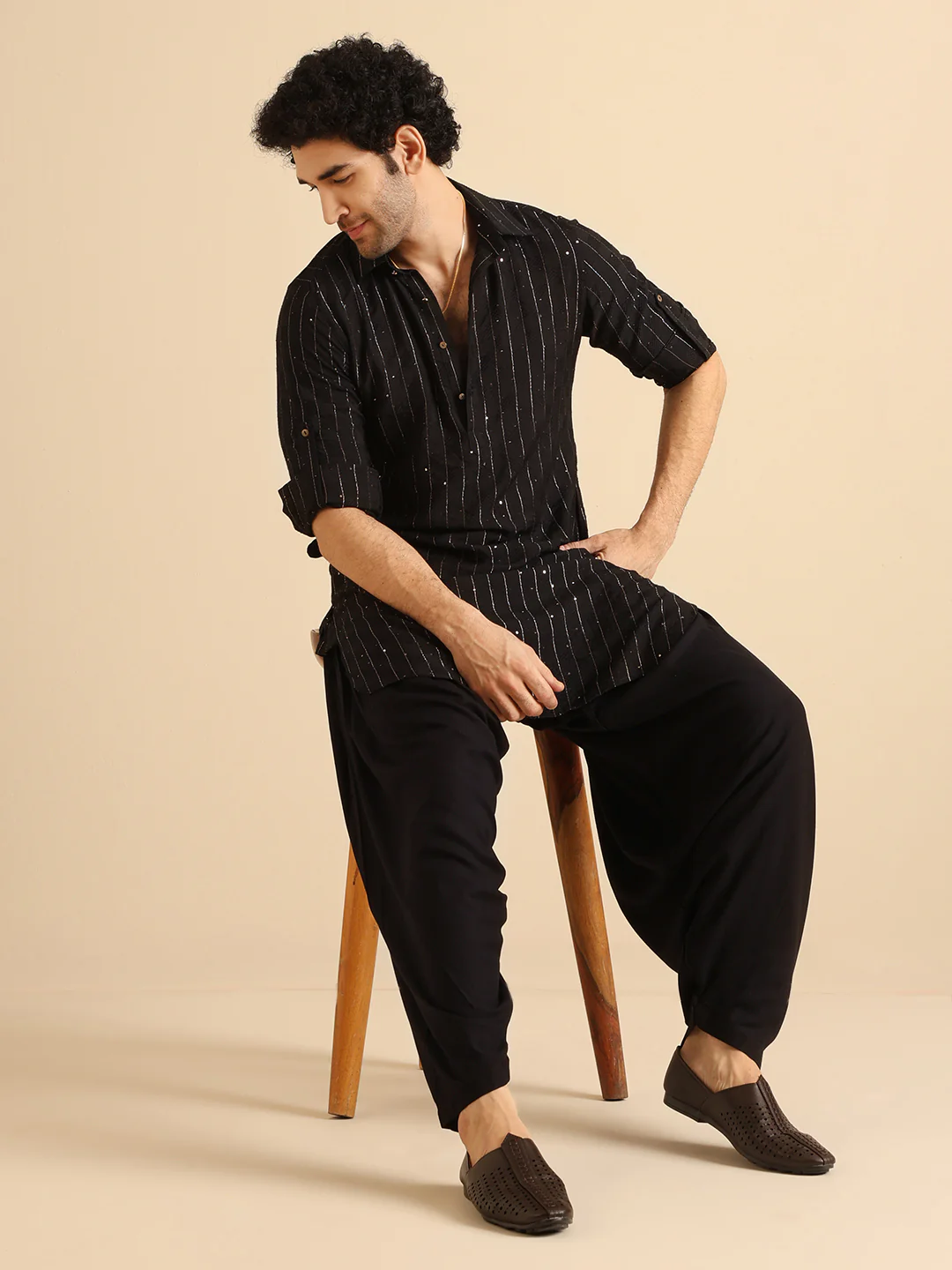 Black Silk Blend Embellished Long Pathani Kurta - Image 6