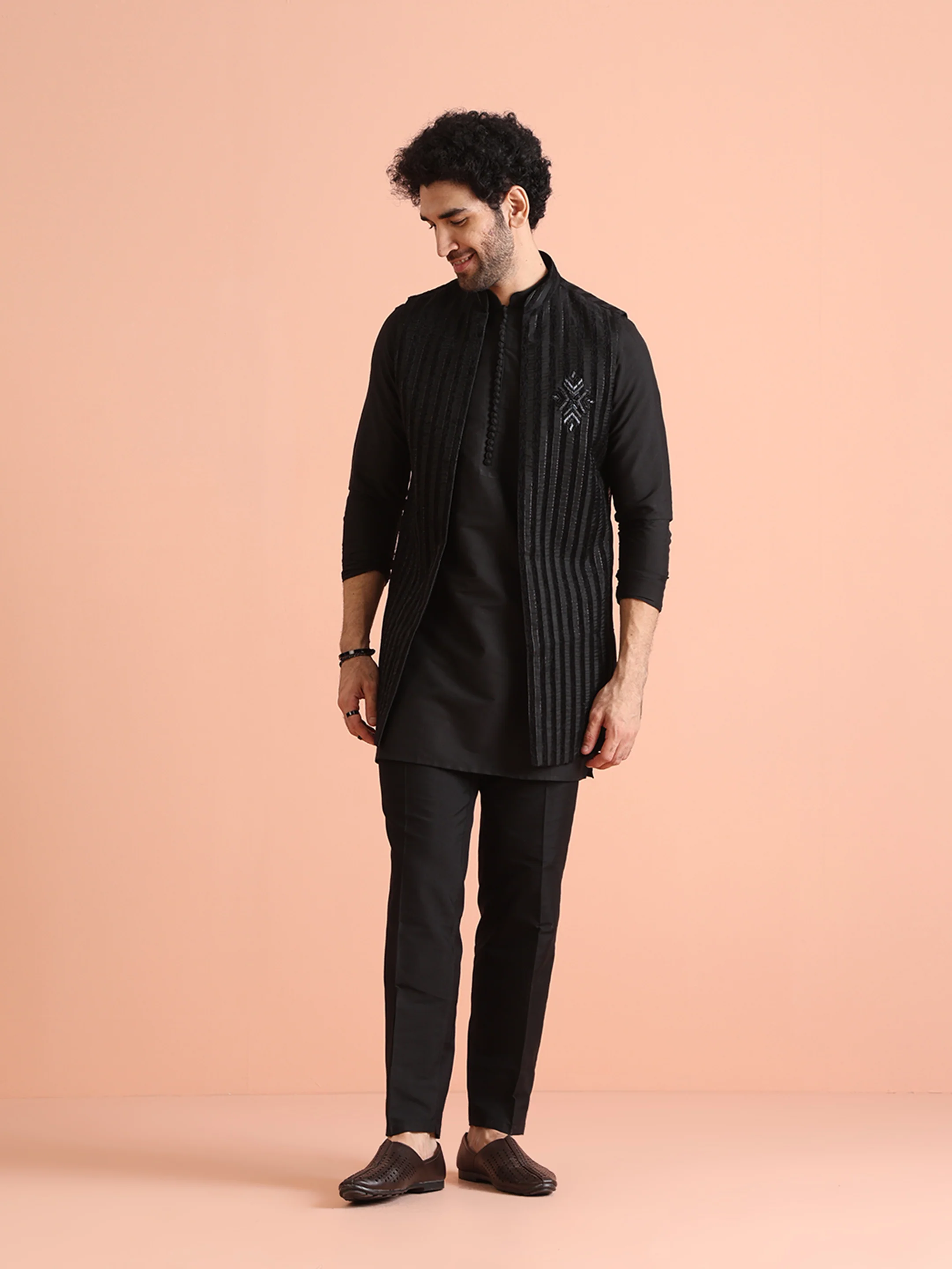 Black Silk Blend Embellished Mid Kurta Jacket Trouser Set