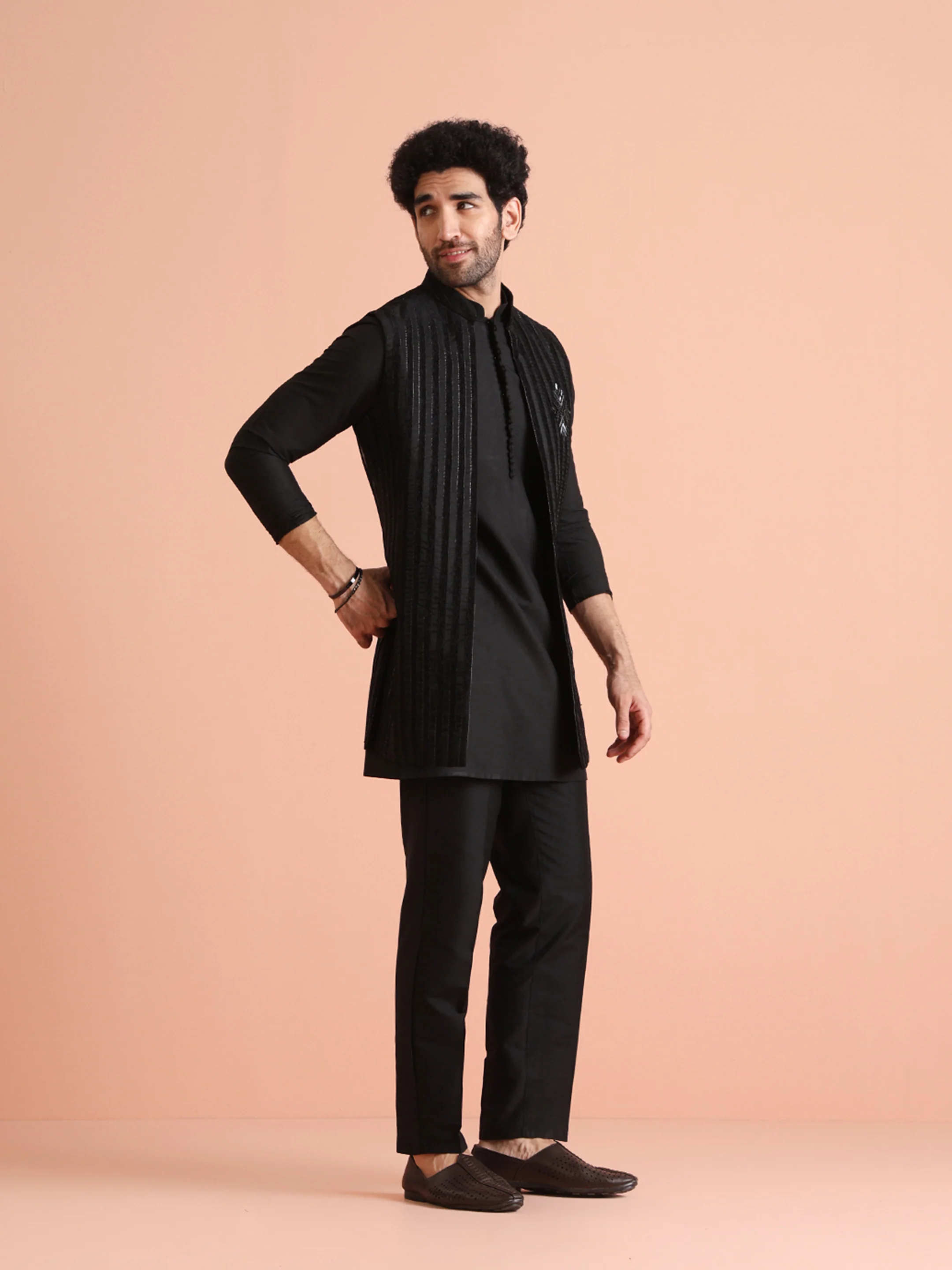 Black Silk Blend Embellished Mid Kurta Jacket Trouser Set - Image 2
