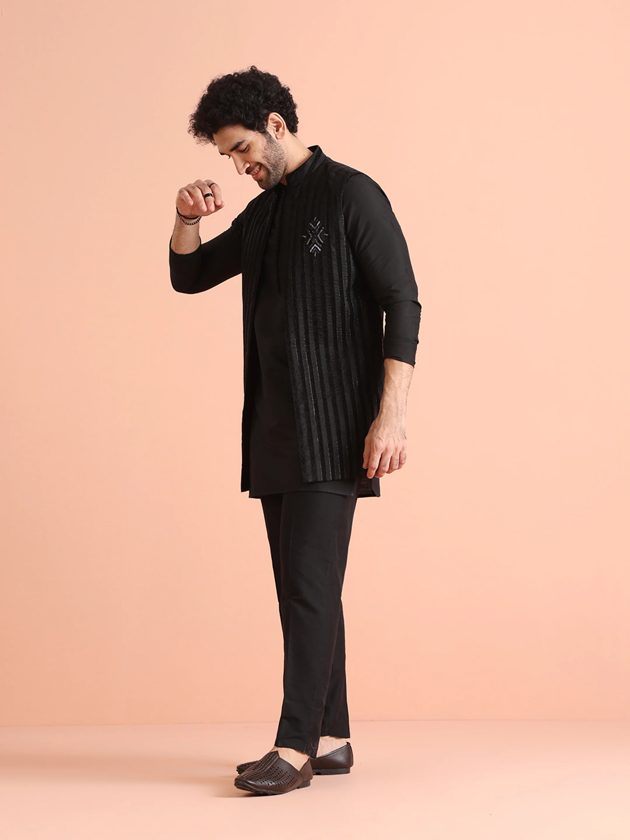 Black Silk Blend Embellished Mid Kurta Jacket Trouser Set - Image 3