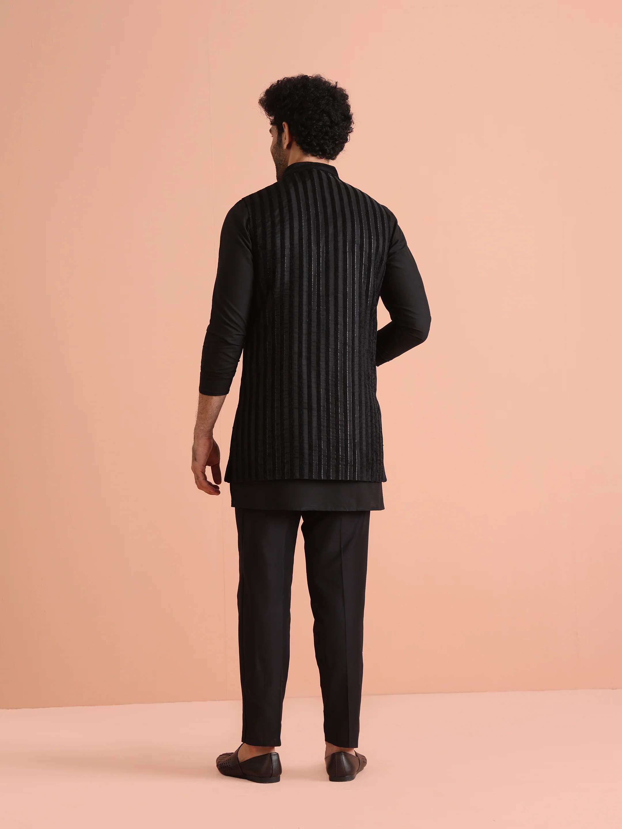 Black Silk Blend Embellished Mid Kurta Jacket Trouser Set - Image 4