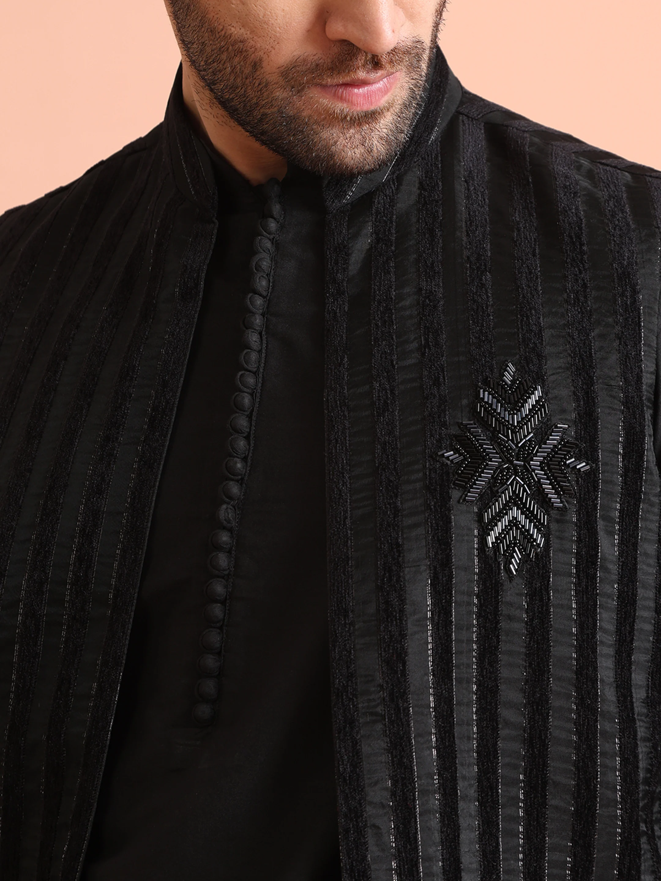 Black Silk Blend Embellished Mid Kurta Jacket Trouser Set - Image 5
