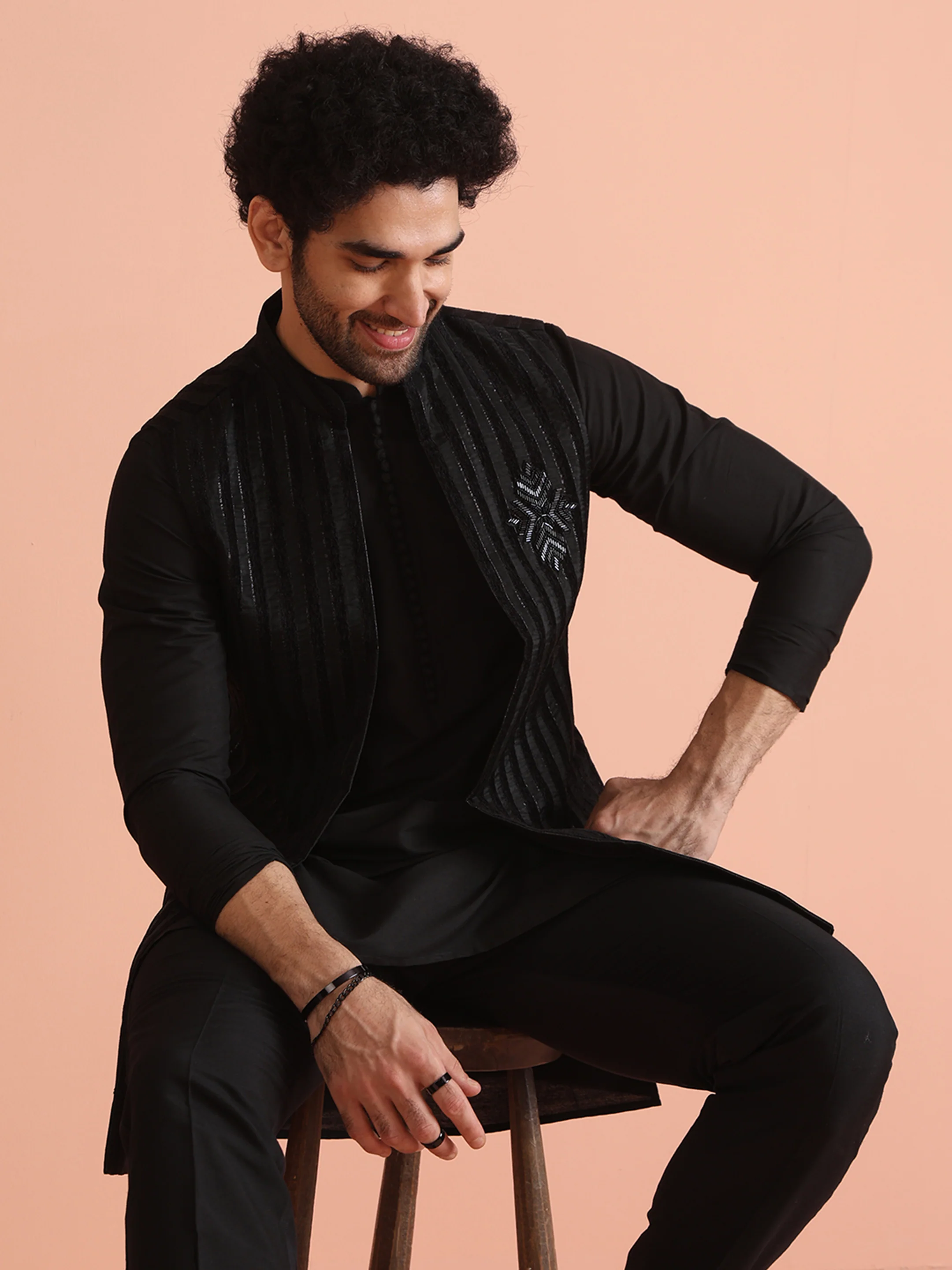 Black Silk Blend Embellished Mid Kurta Jacket Trouser Set - Image 8