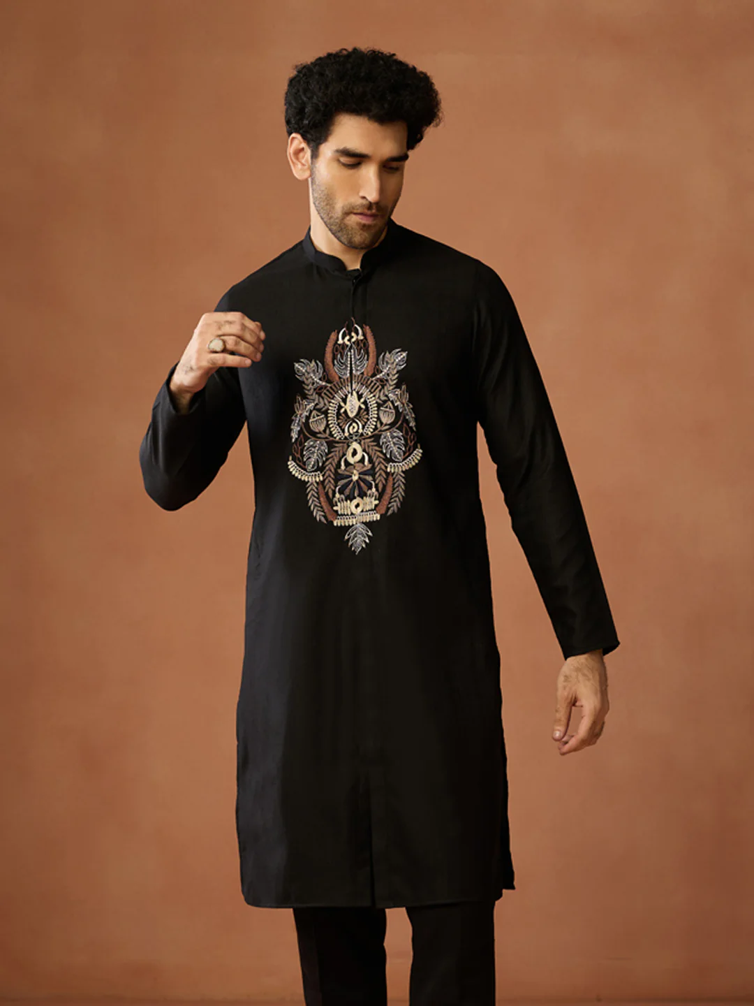Black Silk Blend Embroidered Front Open Kurta