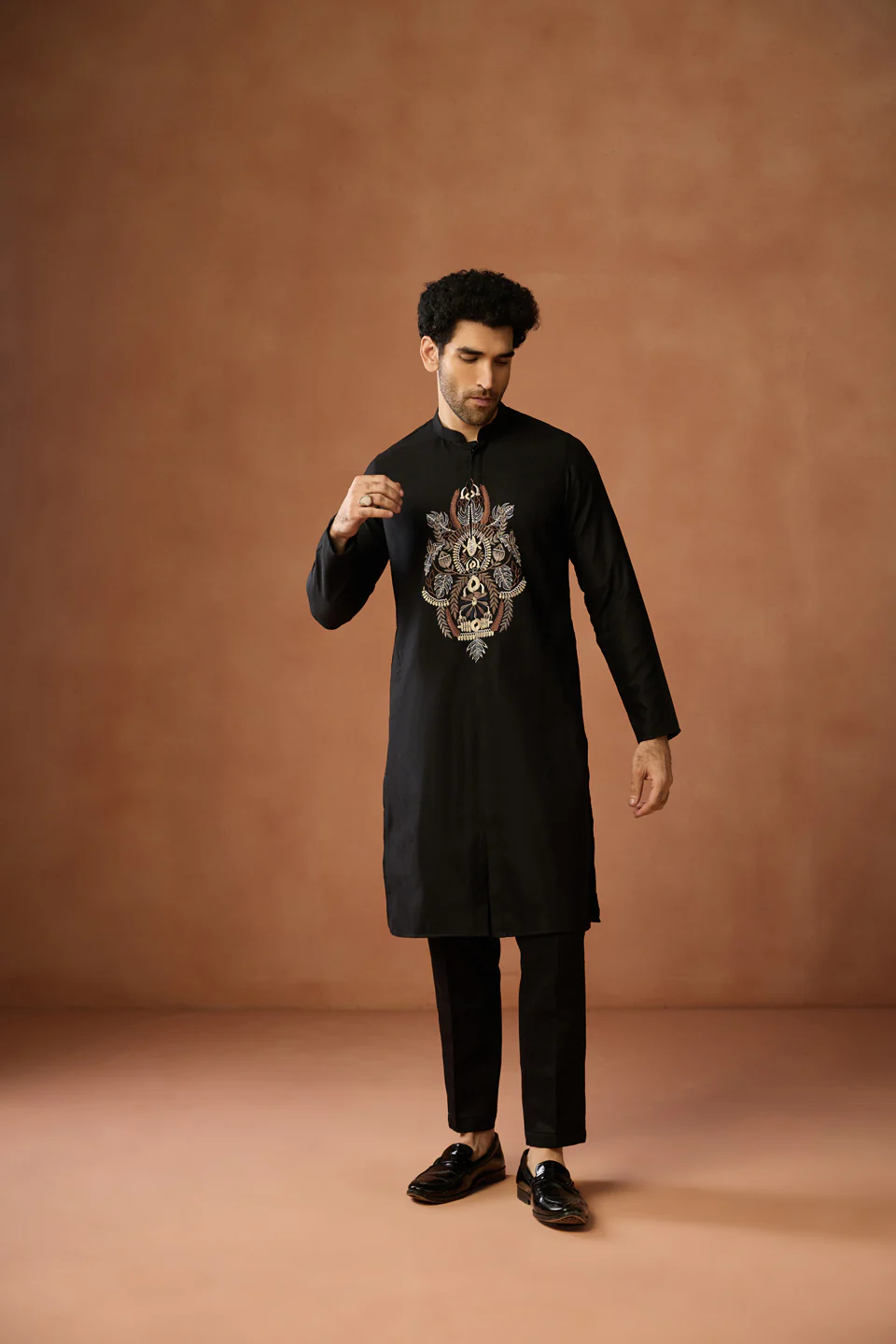 Black Silk Blend Embroidered Front Open Kurta - Image 7