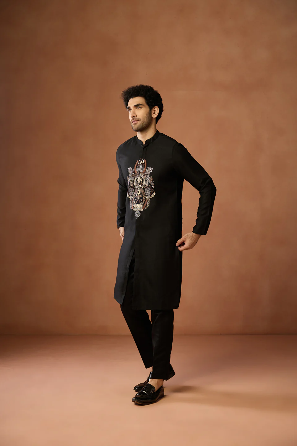 Black Silk Blend Embroidered Front Open Kurta Trouser Set - Image 2