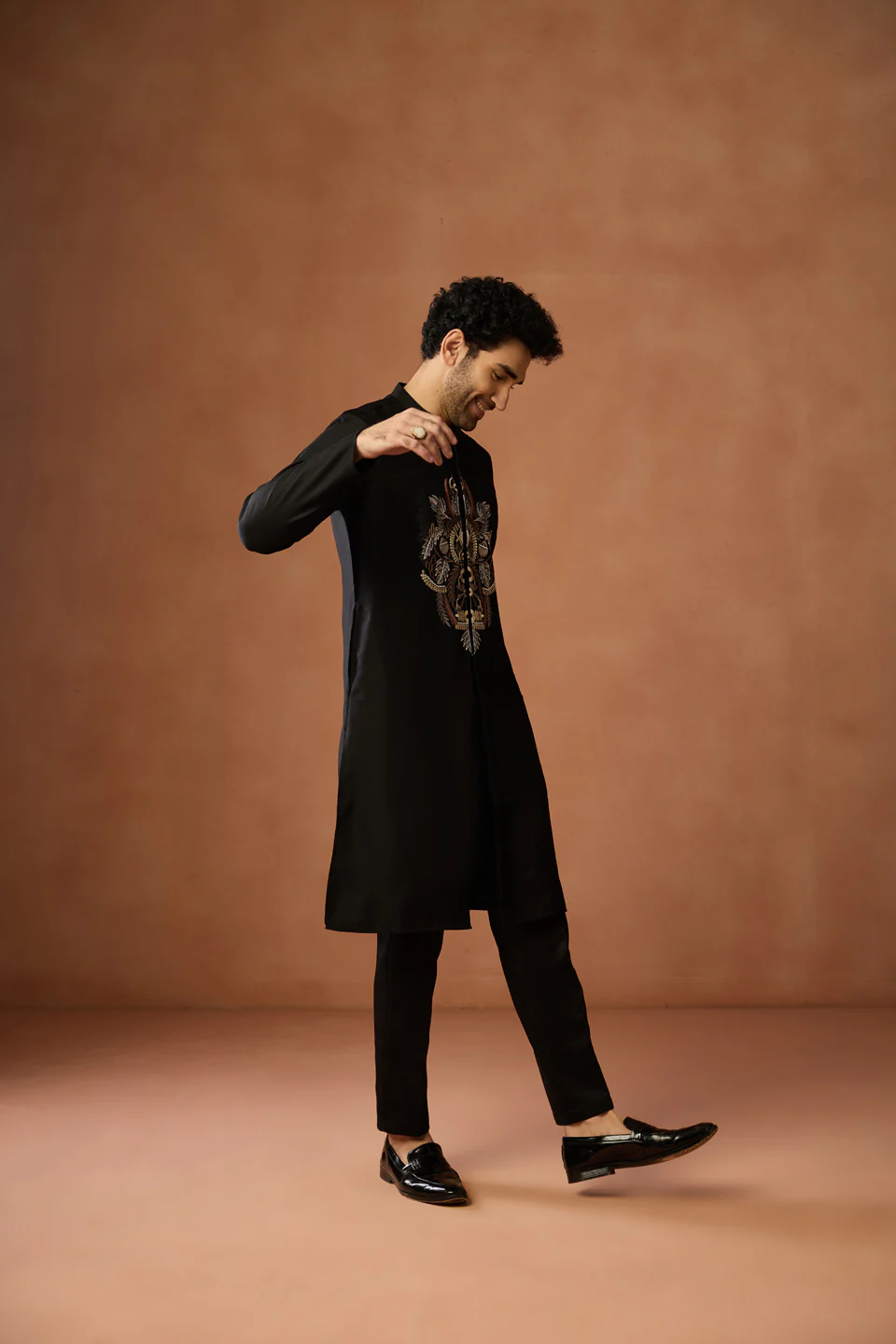 Black Silk Blend Embroidered Front Open Kurta Trouser Set - Image 3