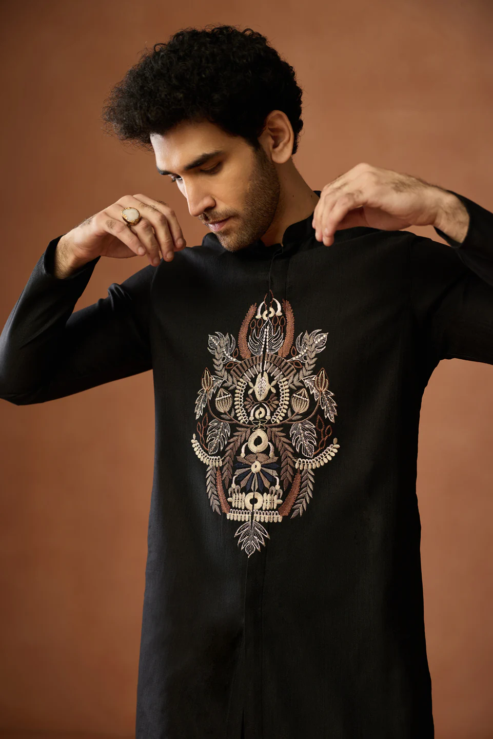 Black Silk Blend Embroidered Front Open Kurta Trouser Set - Image 6