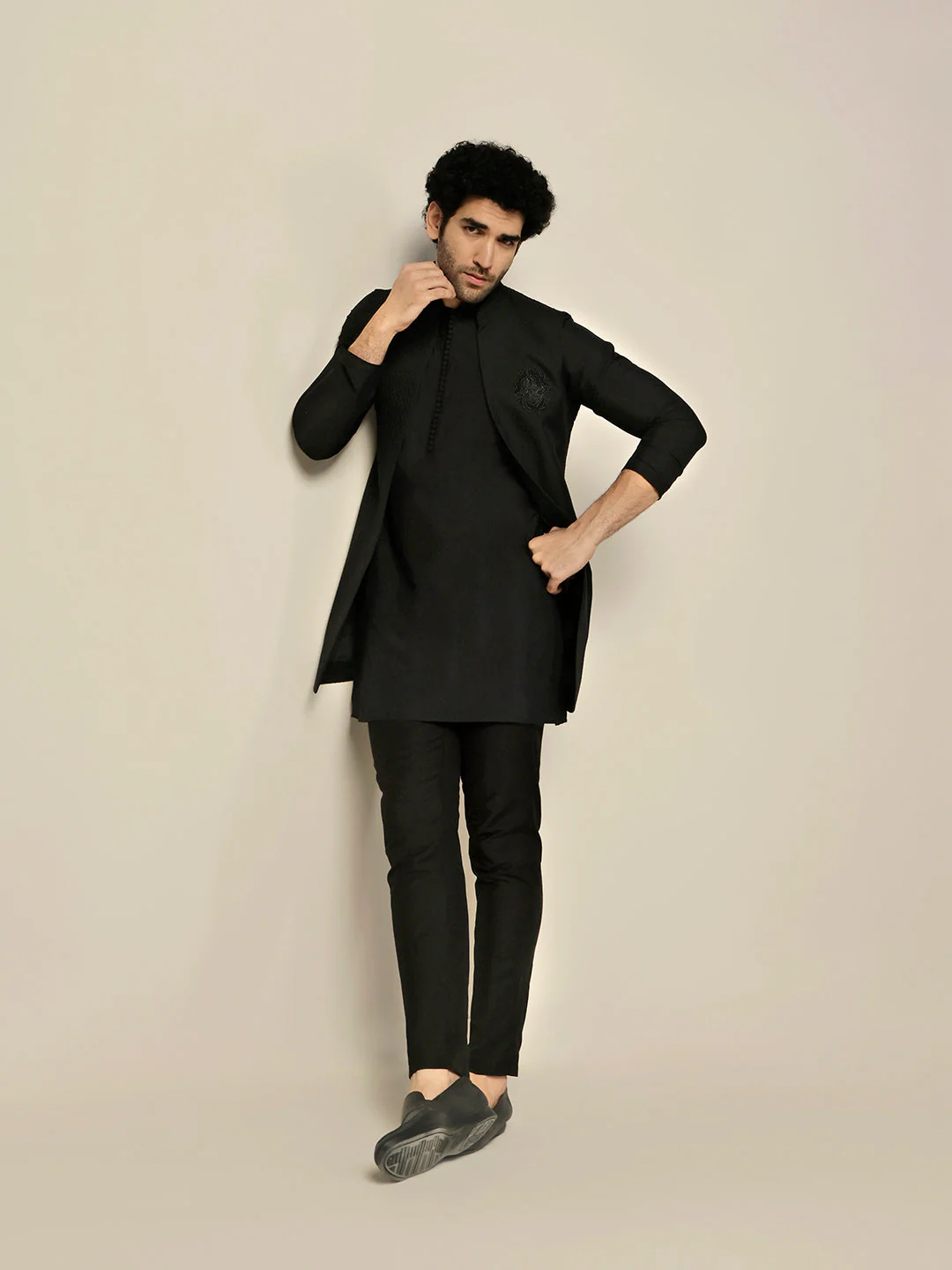 Black Silk Blend Embroidered Jacket Kurta Trouser Set