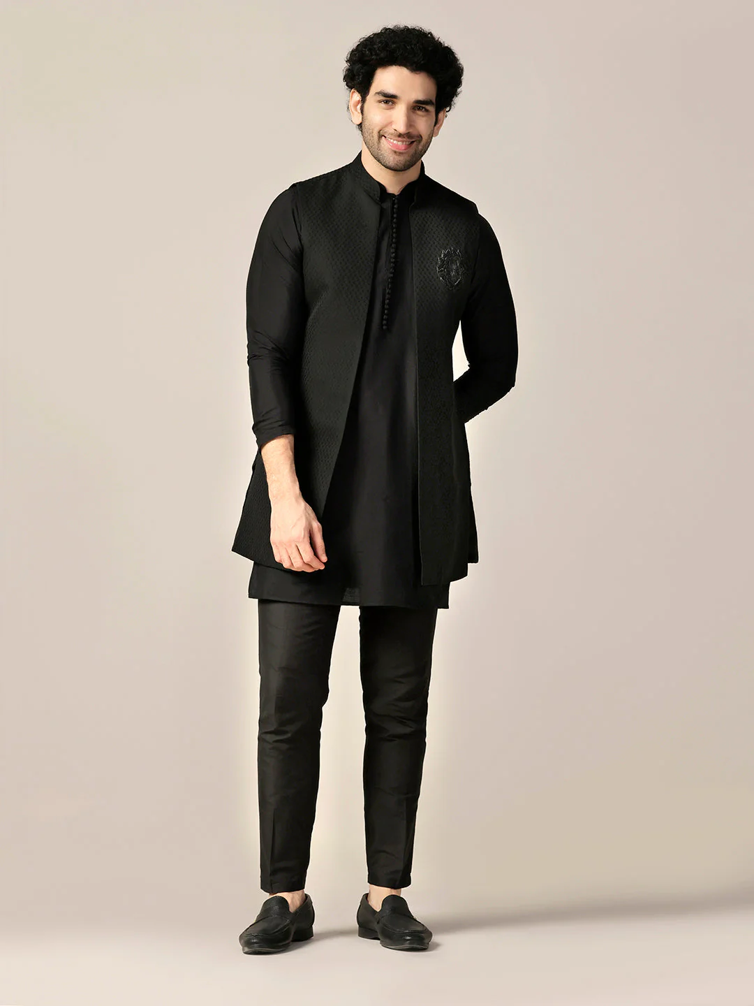 Black Silk Blend Embroidered Jacket Kurta Trouser Set - Image 2