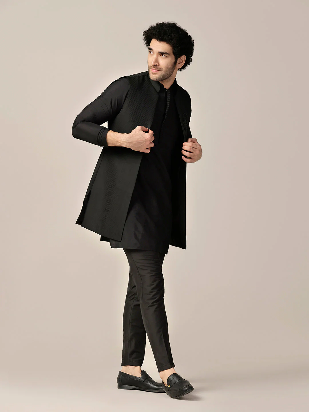 Black Silk Blend Embroidered Jacket Kurta Trouser Set - Image 3