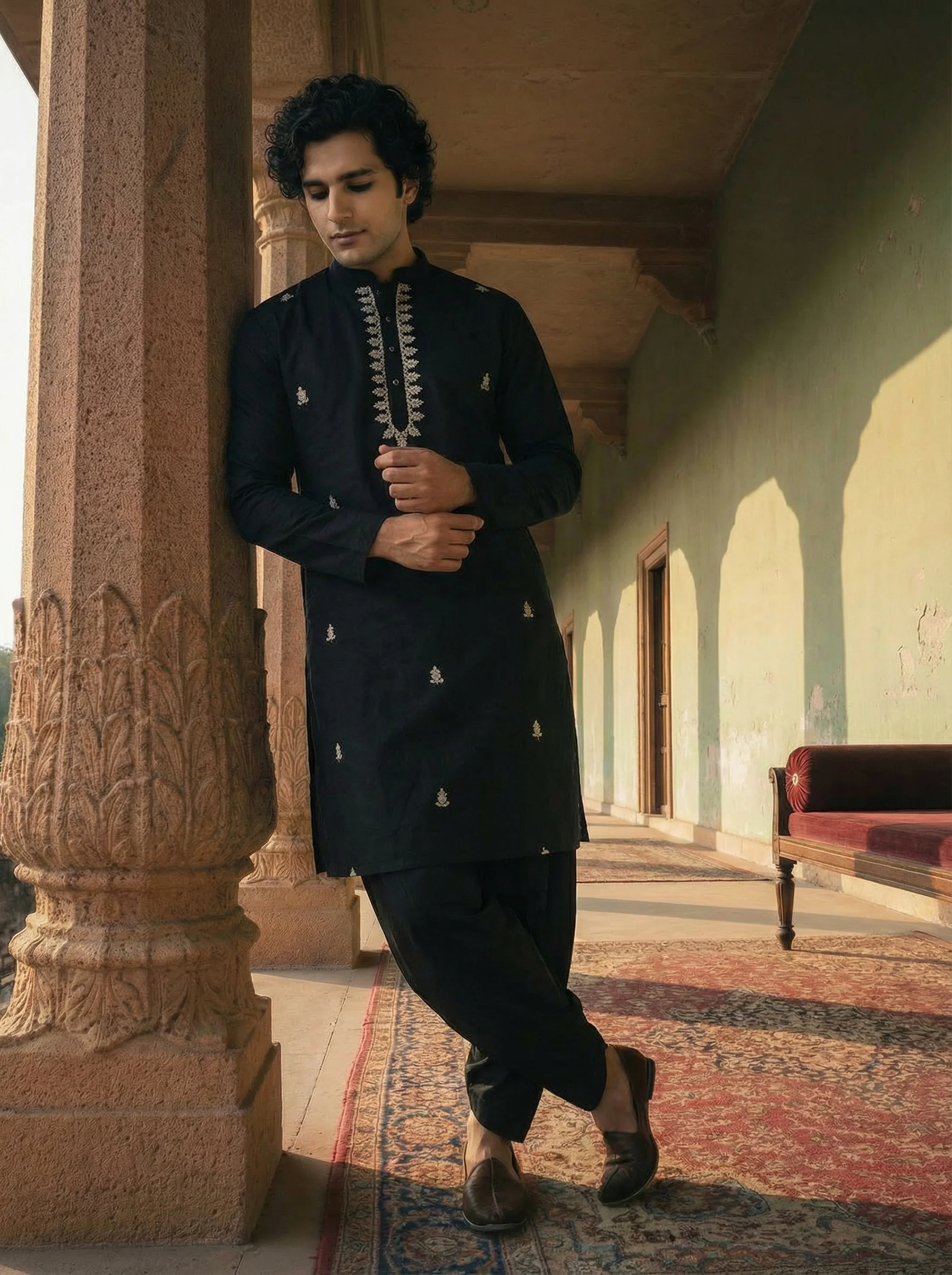 Black Silk Blend Embroidered Kurta