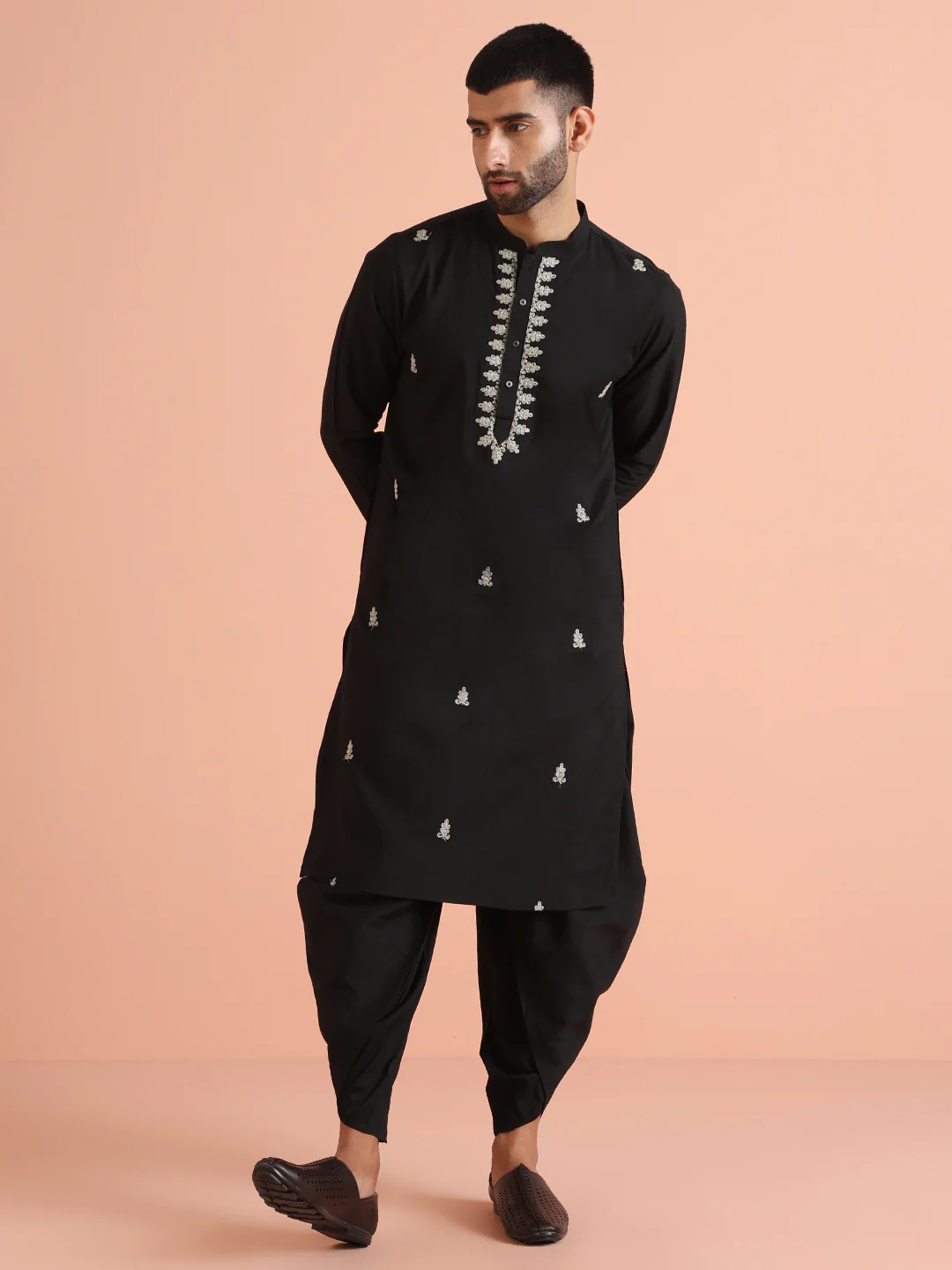 Black Silk Blend Embroidered Kurta - Image 6