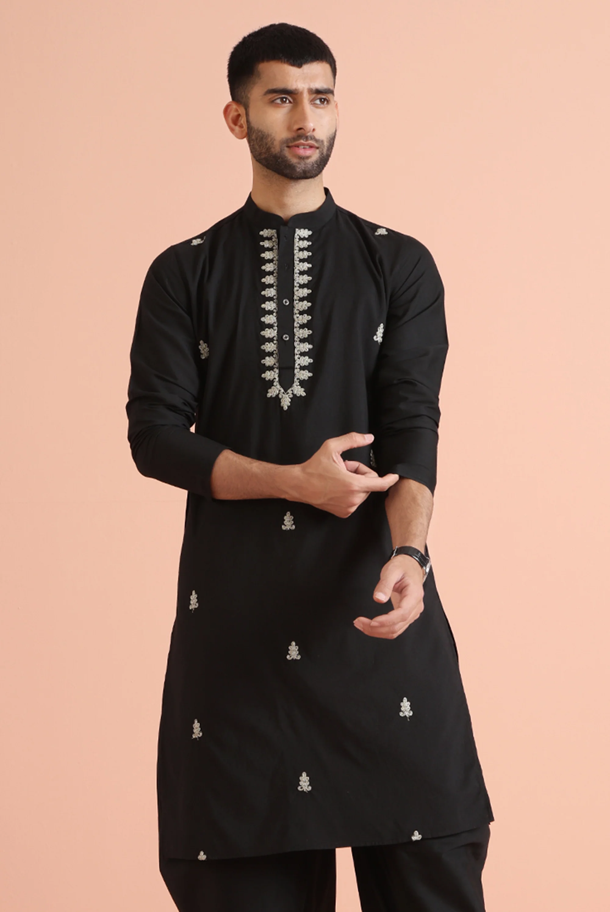 Black Silk Blend Embroidered Kurta - Image 7