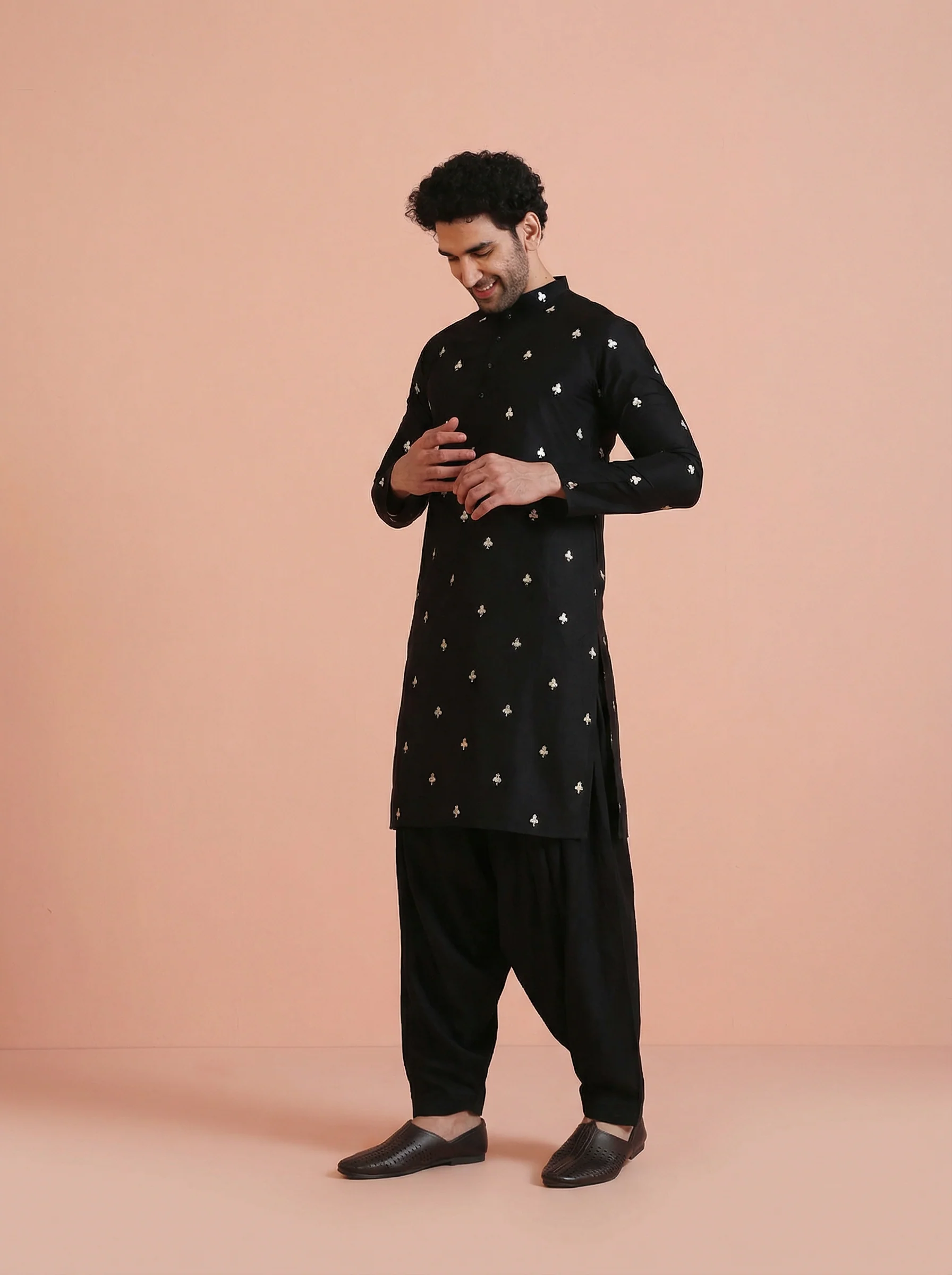 Black Silk Blend Embroidered Kurta Patiyala Set - Image 3
