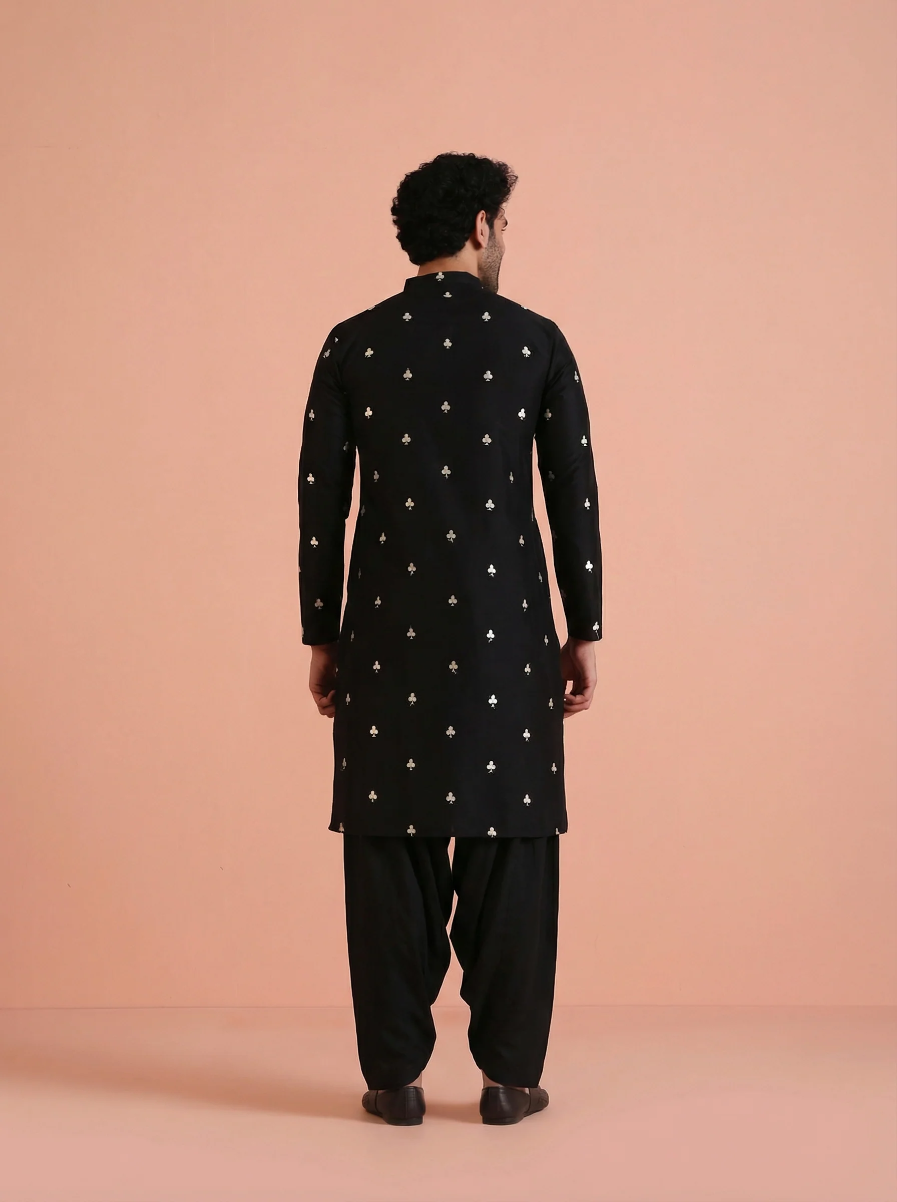 Black Silk Blend Embroidered Kurta Patiyala Set - Image 4