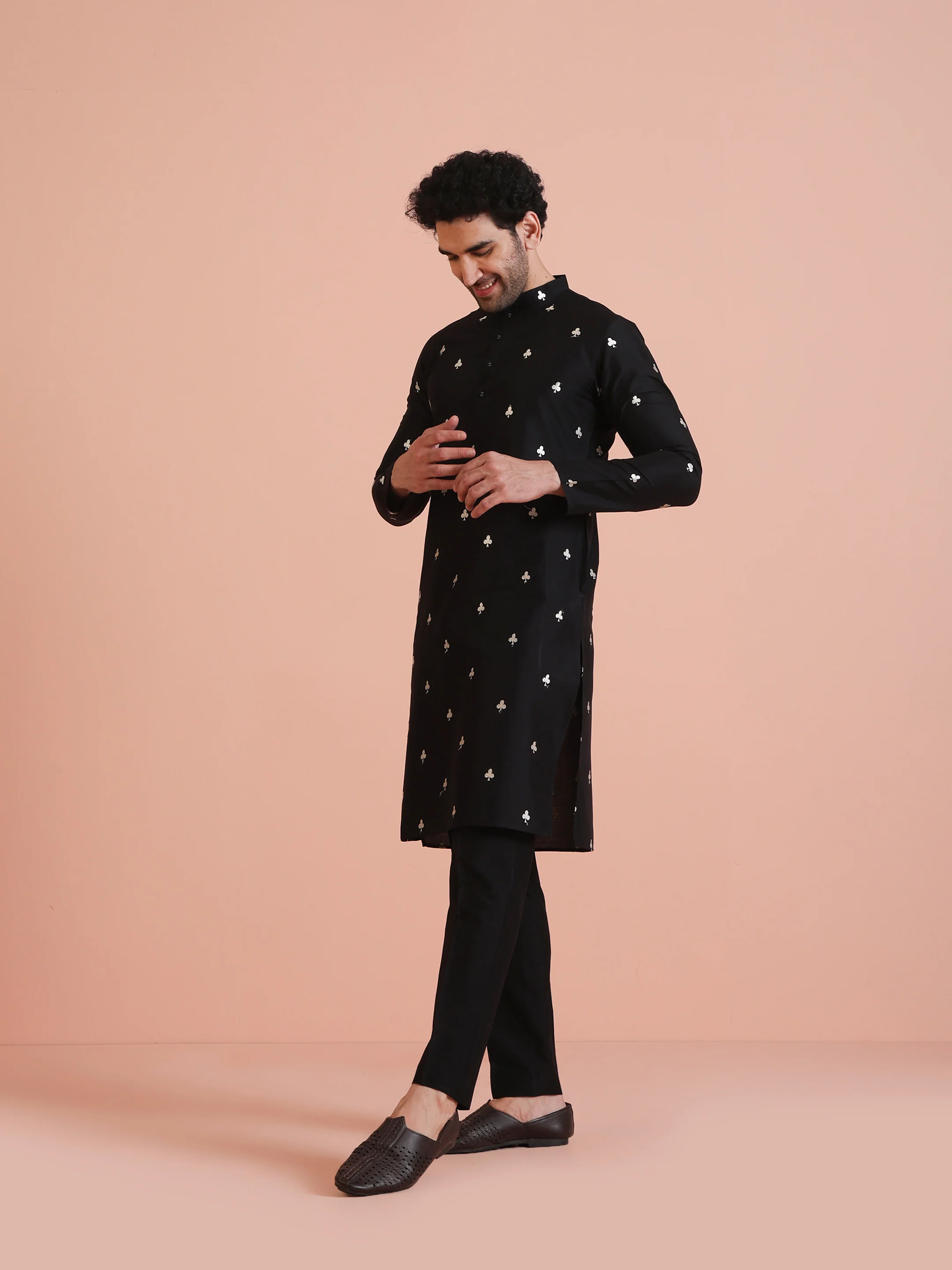 Black Silk Blend Embroidered Kurta Trouser Set - Image 2