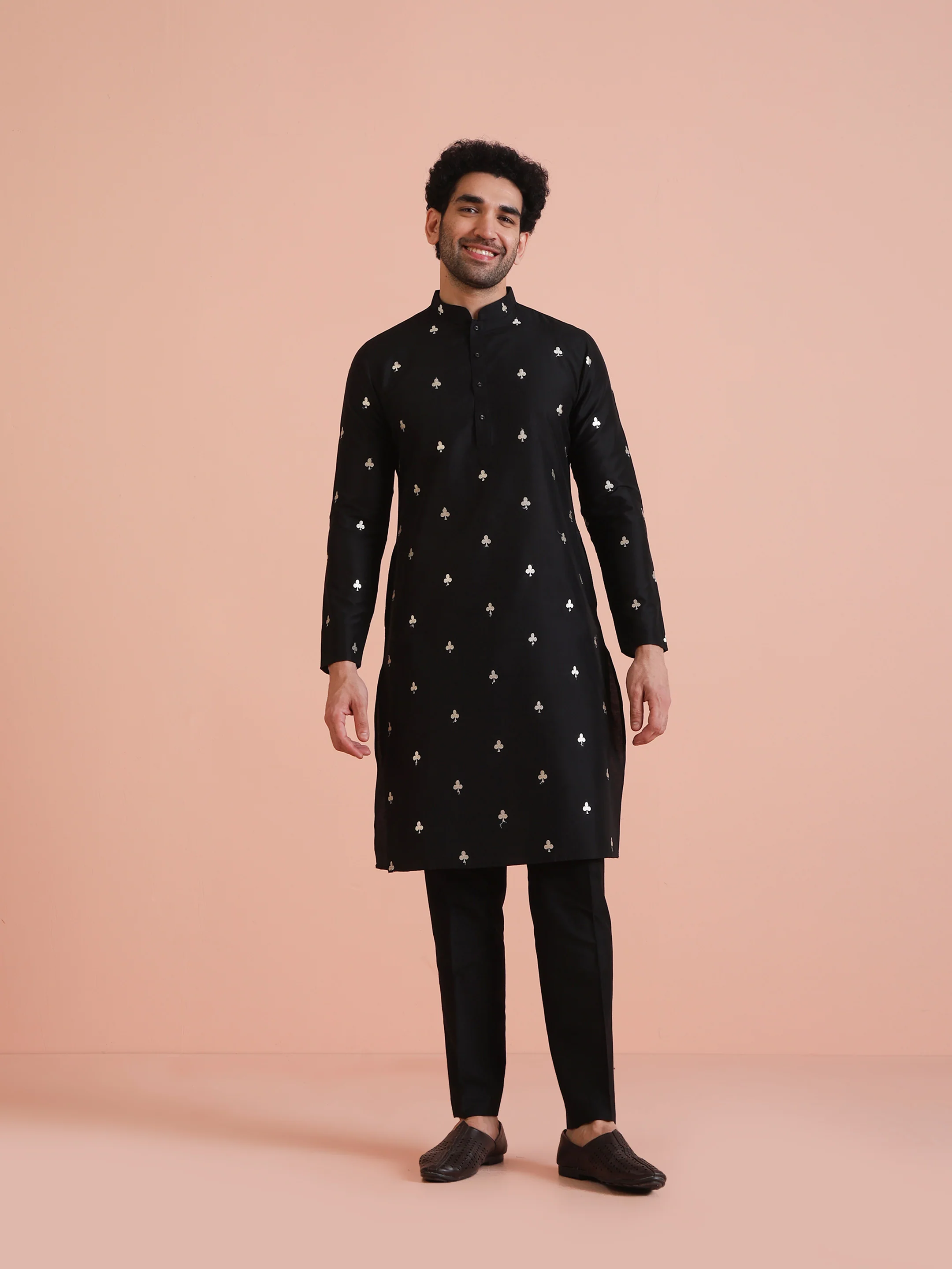 Black Silk Blend Embroidered Kurta Trouser Set - Image 7