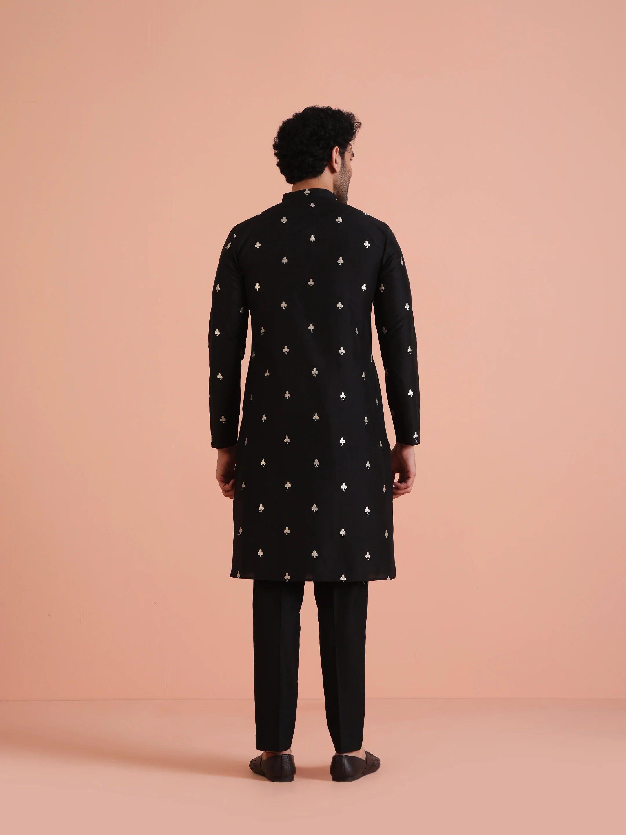 Black Silk Blend Embroidered Long Kurta - Image 4