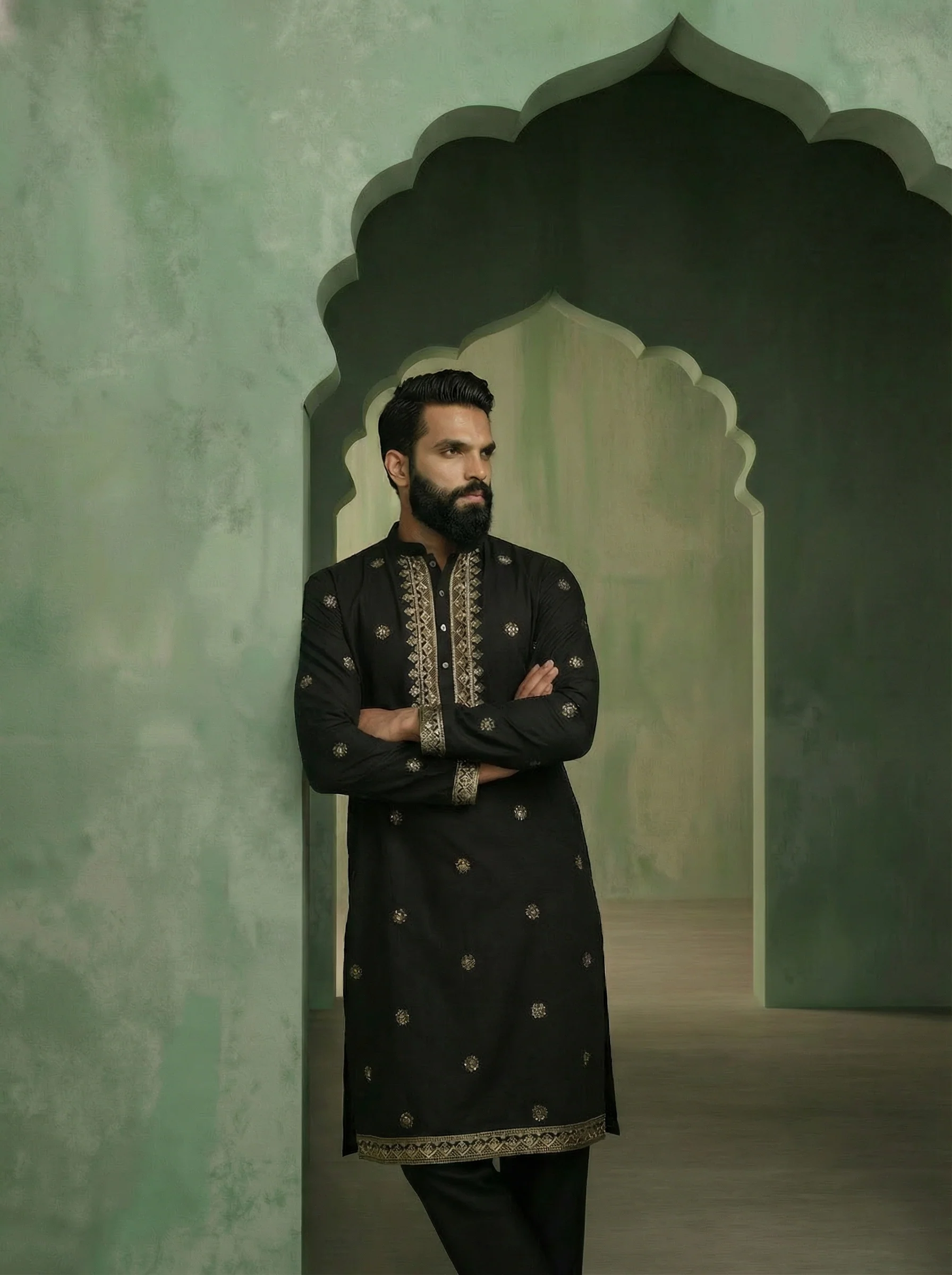 Black Silk Blend Embroidered Long Kurta
