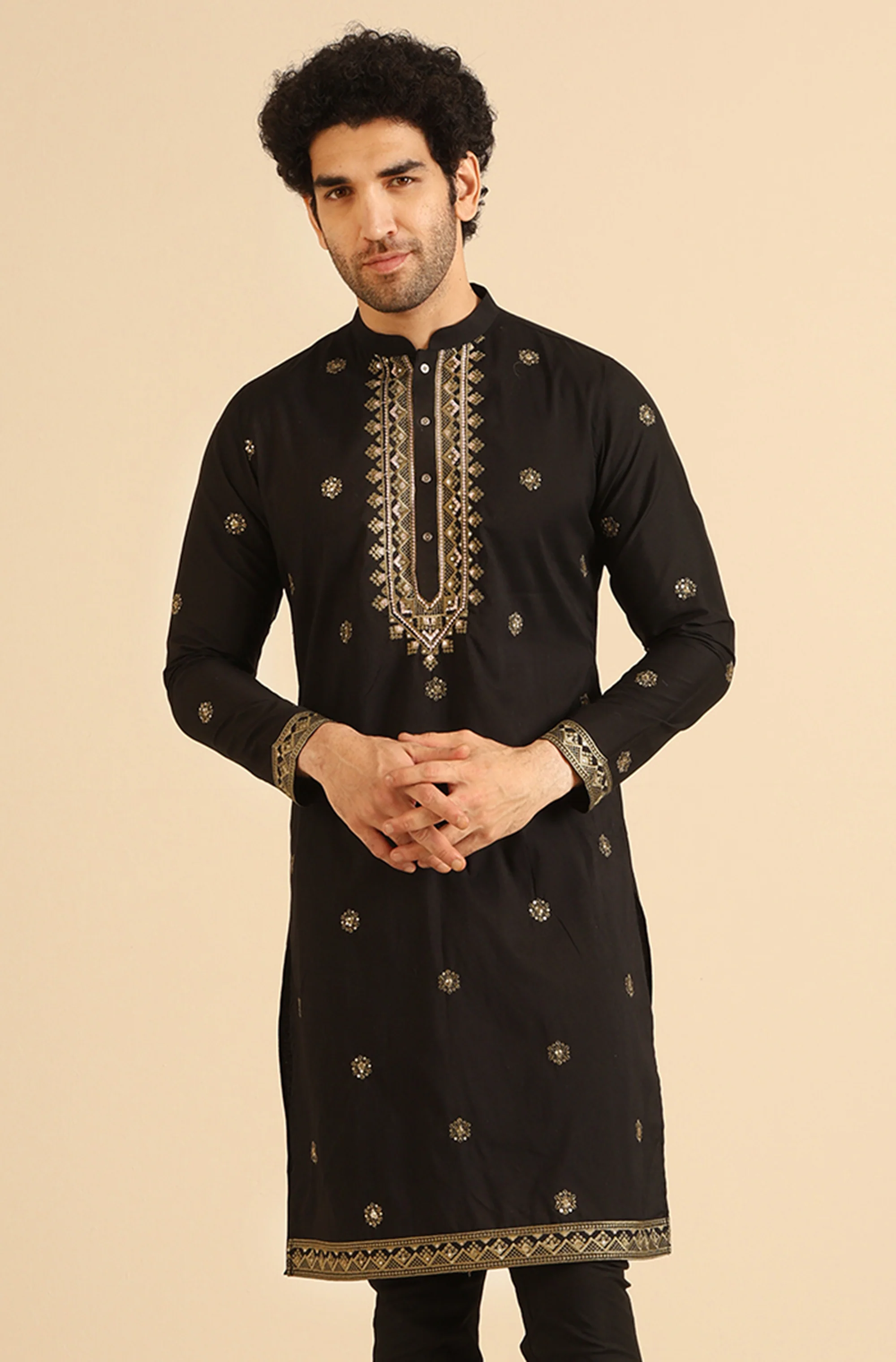 Black Silk Blend Embroidered Long Kurta - Image 6