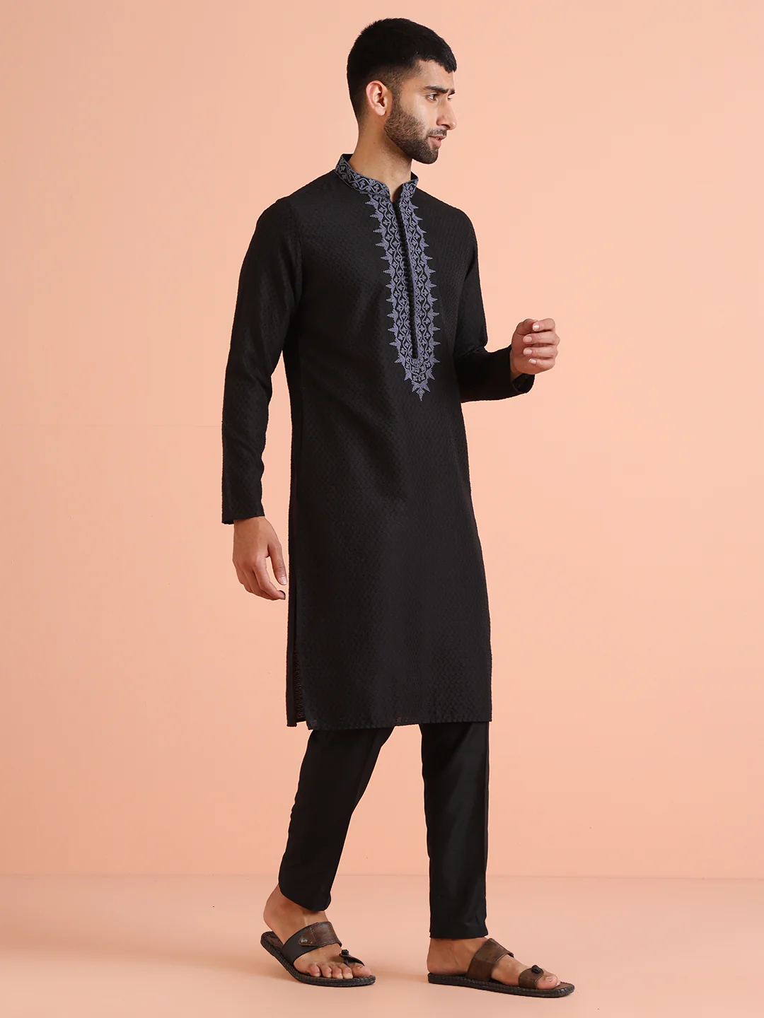 Black Silk Blend Embroidered Long Kurta - Image 2