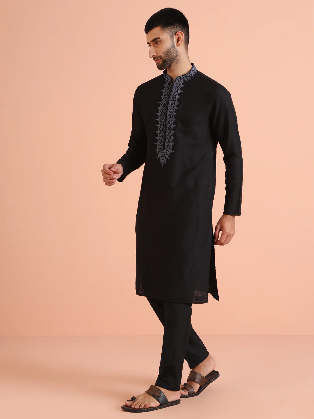 Black Silk Blend Embroidered Long Kurta - Image 3