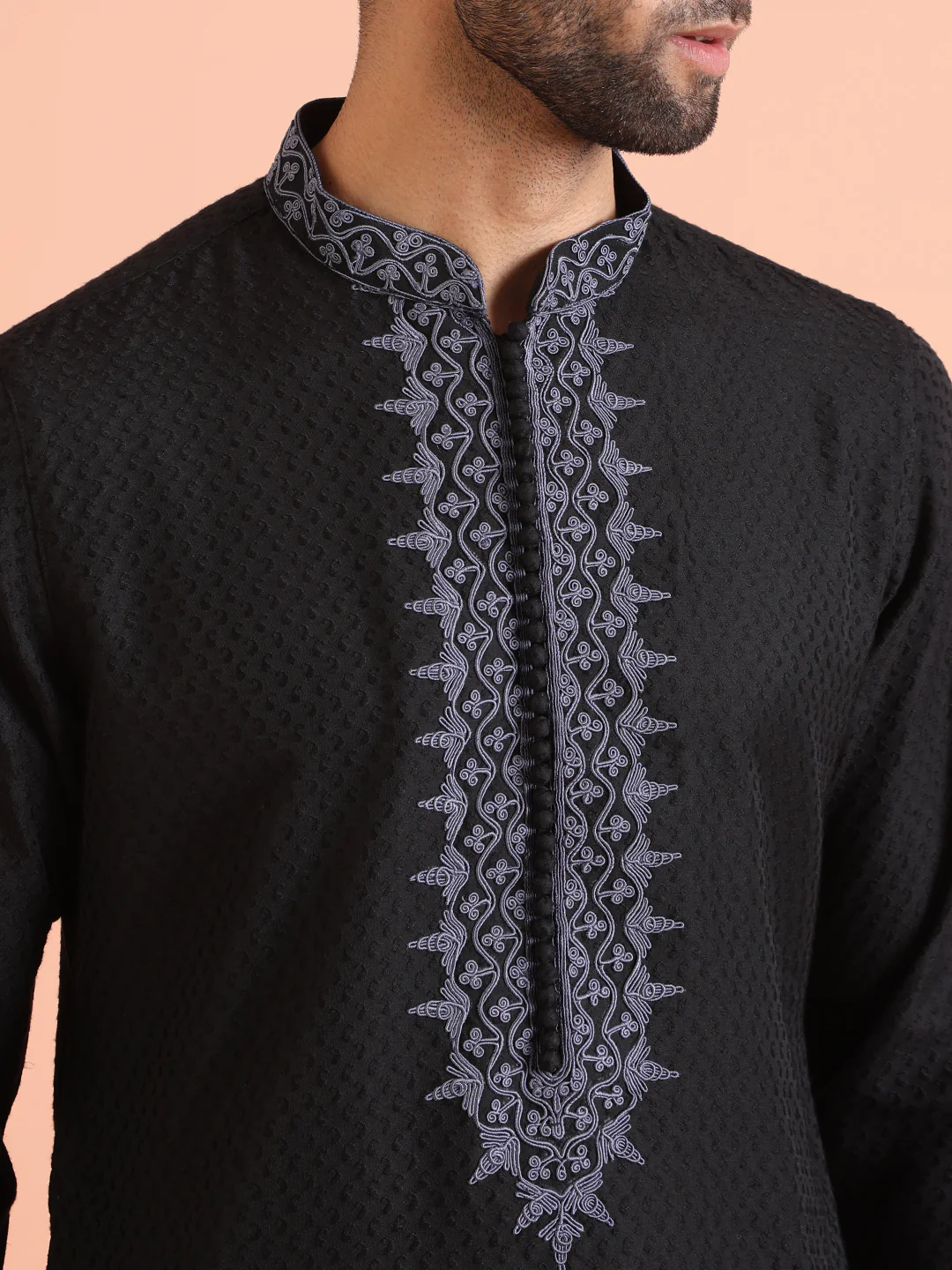 Black Silk Blend Embroidered Long Kurta - Image 5