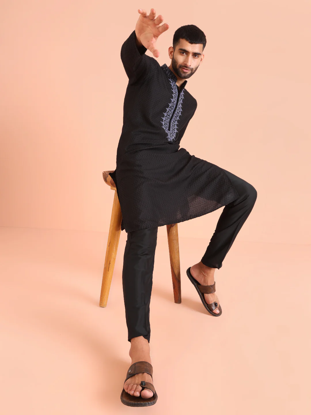 Black Silk Blend Embroidered Long Kurta - Image 6