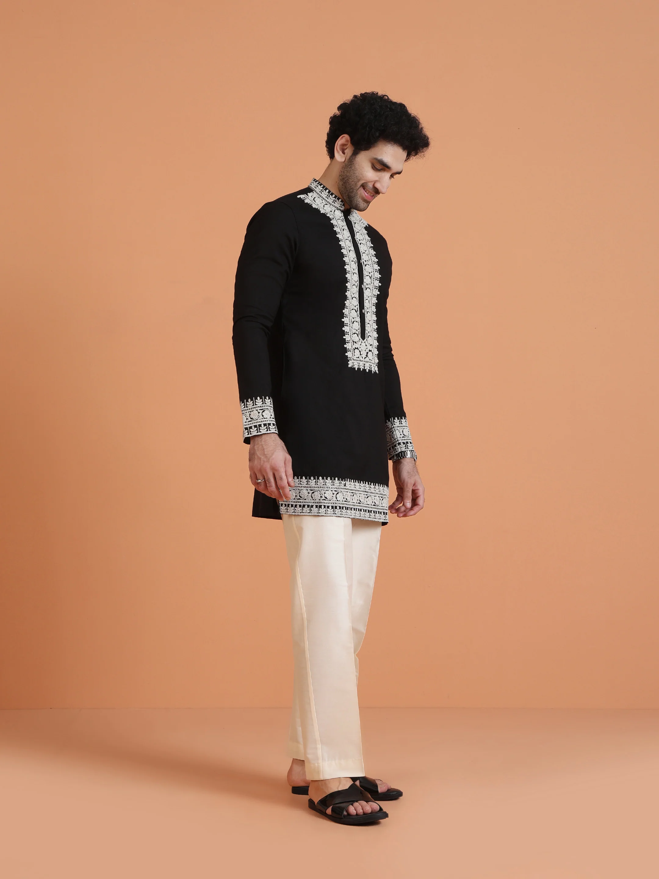 Black Silk Blend Embroidered Mid Kurta - Image 3