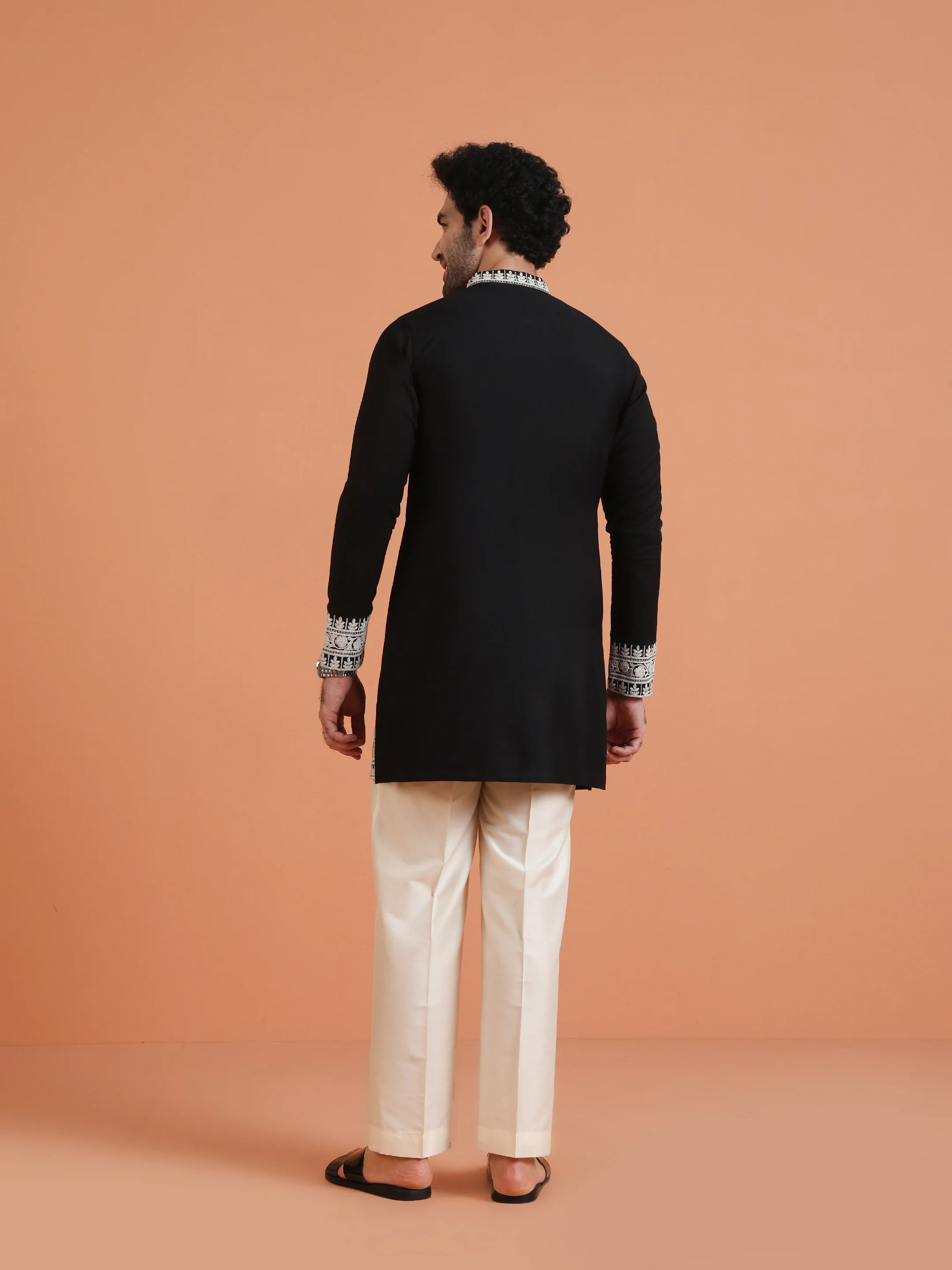 Black Silk Blend Embroidered Mid Kurta - Image 4