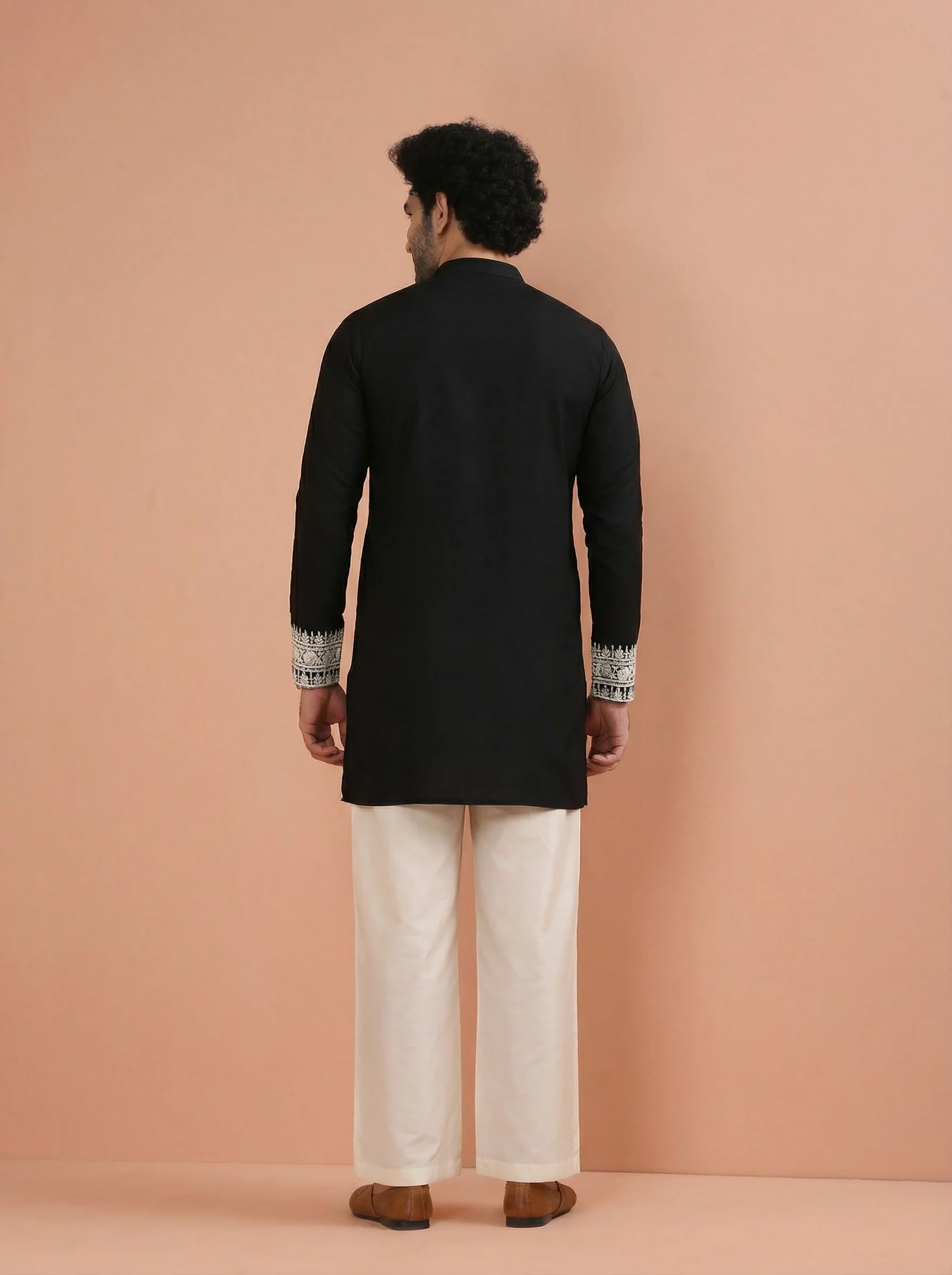 Black Silk Blend Embroidered Mid Kurta Wide Leg Pant Set - Image 3