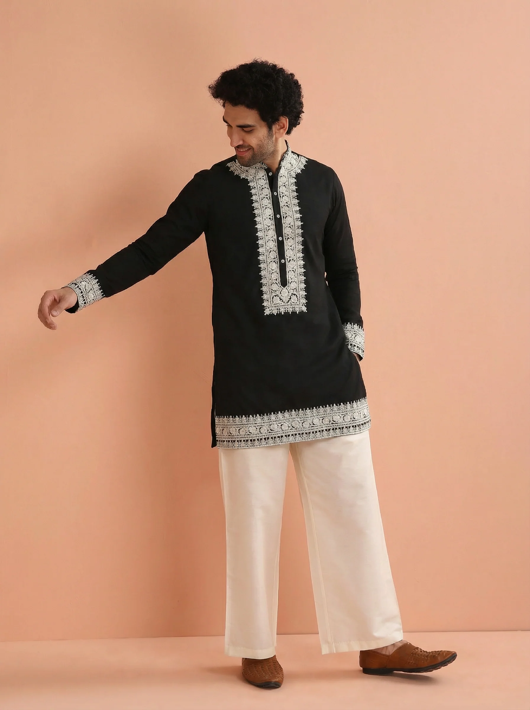 Black Silk Blend Embroidered Mid Kurta Wide Leg Pant Set - Image 6