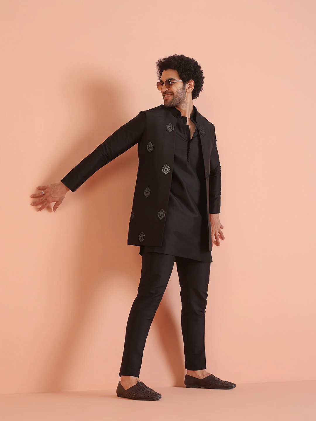 Black Silk Blend Embroidered Nehru Jacket Set