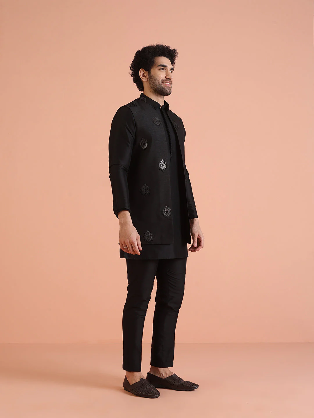 Black Silk Blend Embroidered Nehru Jacket Set - Image 2