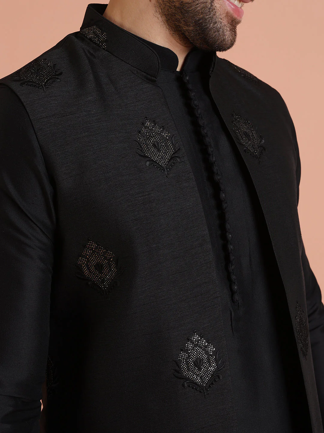 Black Silk Blend Embroidered Nehru Jacket Set - Image 7