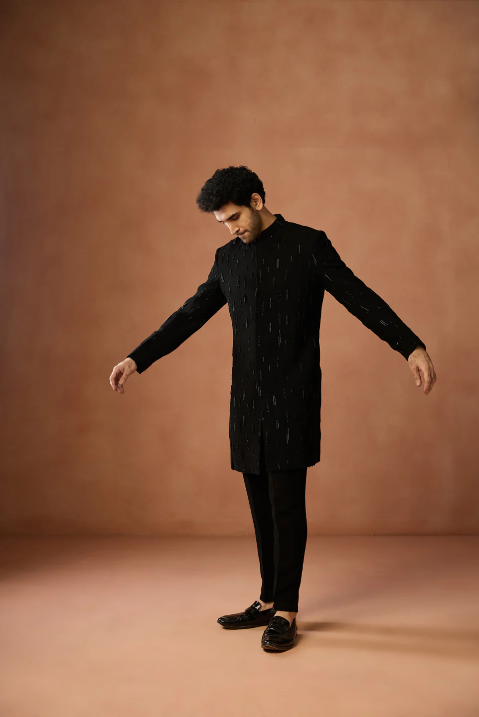 Black Silk Blend Embroidered Sherwani Trouser Set Achkan