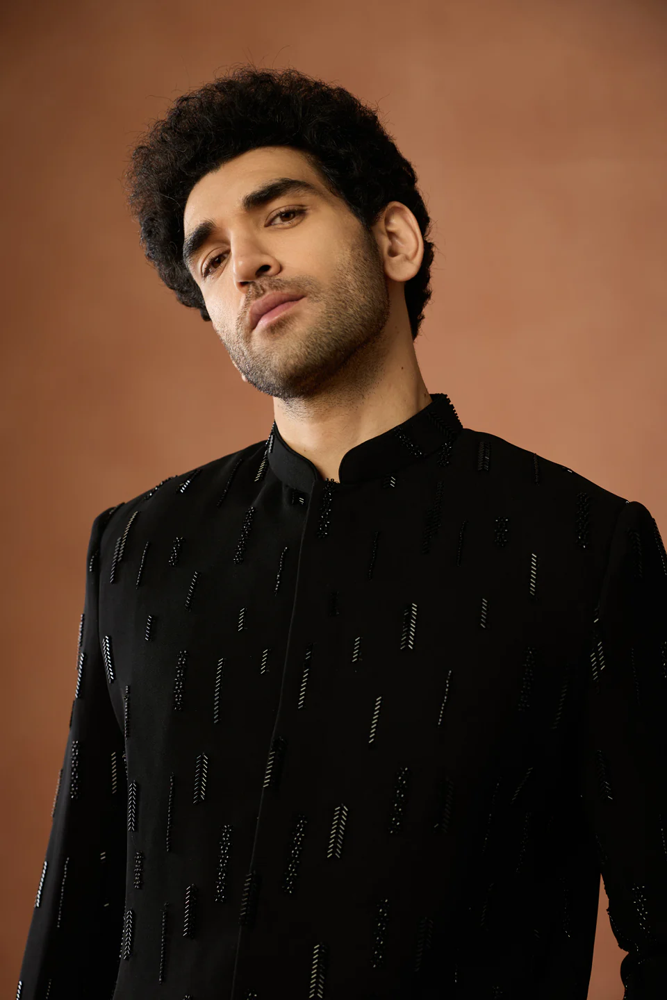 Black Silk Blend Embroidered Sherwani Trouser Set Achkan - Image 5