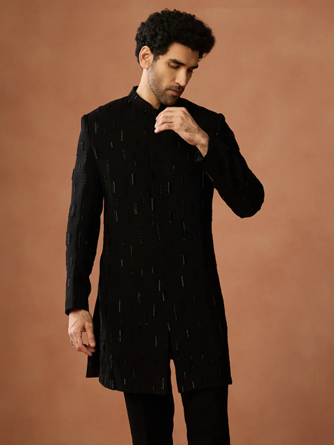 Black Silk Blend Embroidered Sherwani Trouser Set Achkan - Image 7