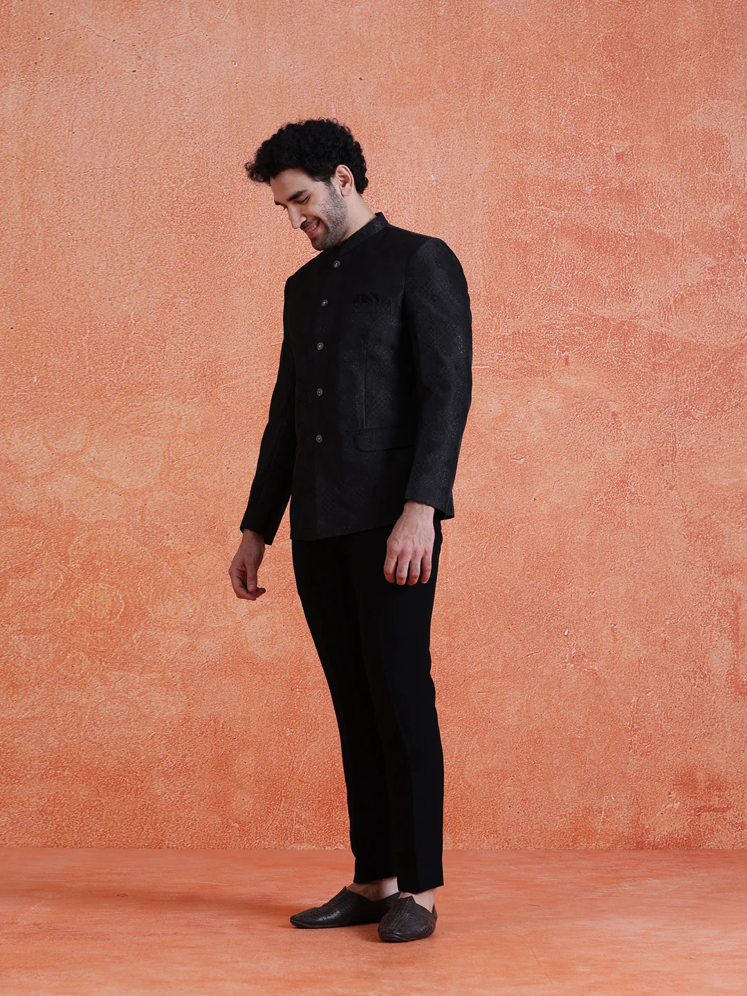 Black Silk Blend Jacquard Bandhgala - Image 2